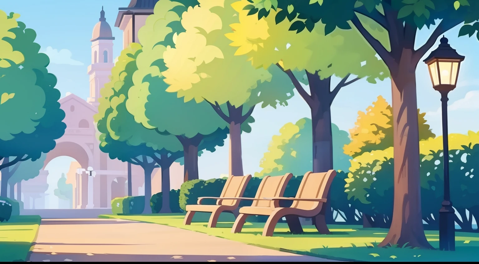 Beautiful park landscape painting、Natural Color、Benches、street lamp