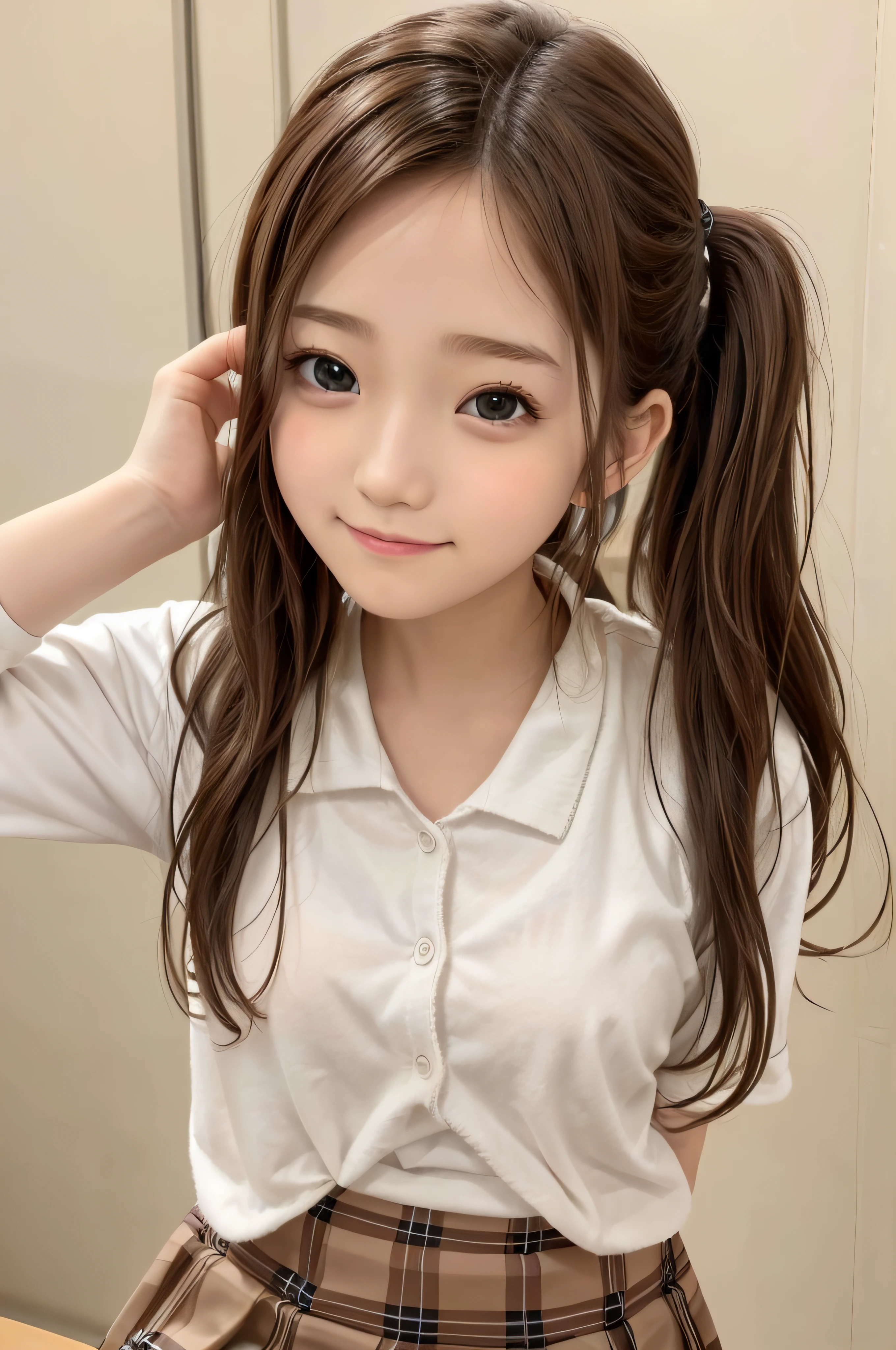 14Year old woman、soio、brown haired、beautidful eyes、real looking skin、A detailed eye、hi-school girl、(8K、masterpiece)、(reallistic、Photorealsitic)、top-quality、ighly detailed、The ultra-detailliert、Beautie、cute little、Korea person、a smile、Close-up portrait、Healthy face、schools、School uniform、Cardigan、plaid skirts