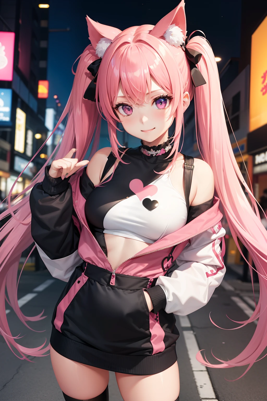 (masterpiece), Best Quality, (smiling), wound Megurine, wound, Vocaloid, (wearing a black and pink racing suit:1.2), wound Megurine, Megurine luka, Horse tail, pastel blue eyes, long pink and purple hair, hair between the eyes, headphones, dread driver,  night background, sseria, arms straight up with a dark train scarf