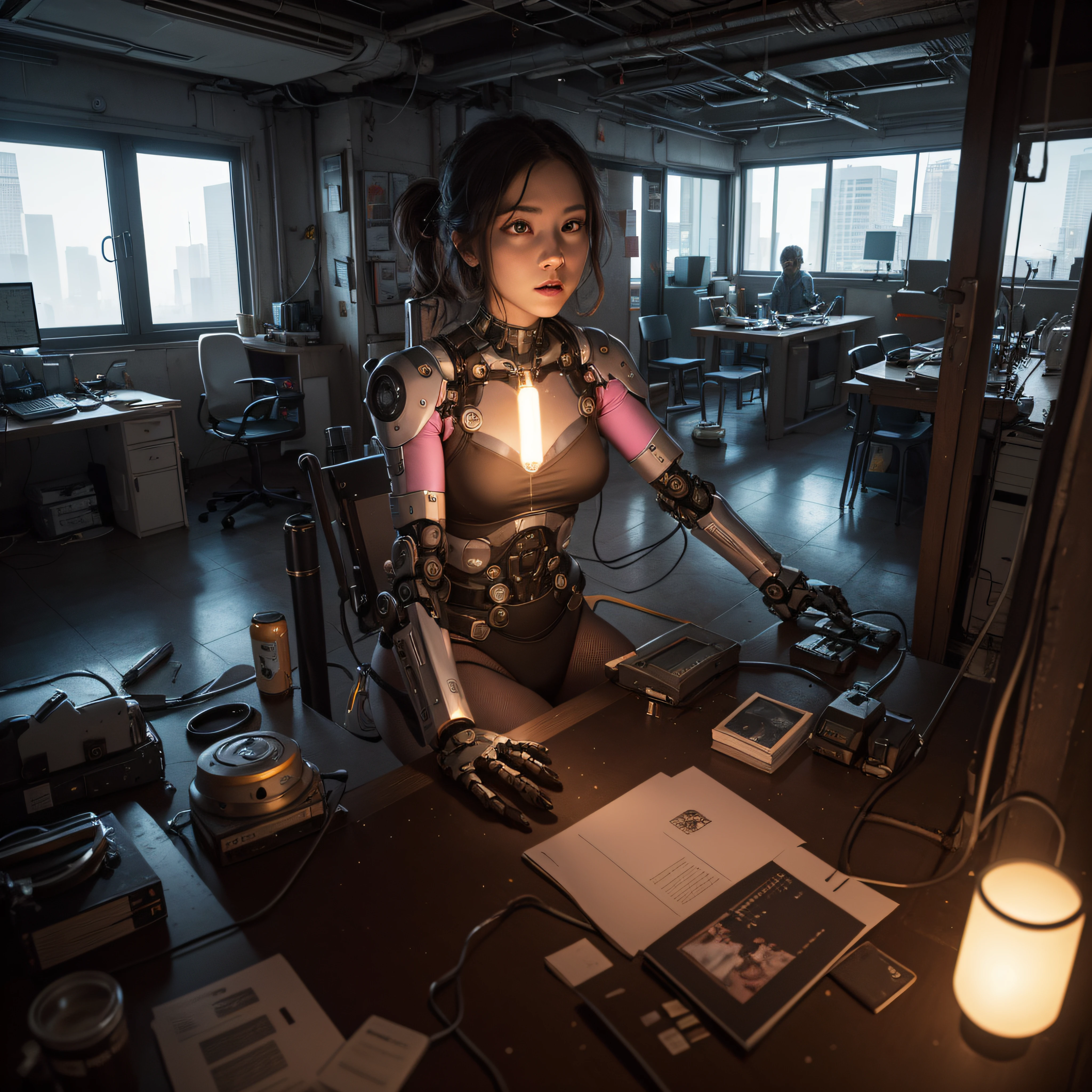 ((calidad superior)), ((obra maestra)), ((realista)), (Los detalles), (fotorrealista:1.5), puppet, marioneta de nadera humanoides tendidos en un piso de concreto, Science-Fiction, HDR, Trazado de rayos, NVIDIA RTX, Los ultra-Highres, Irreal 5, Sub-Surface Scatterring, PBR texturizado, Post-procesamiento, Anisotropic filtering, Profundidad de campos, maximum sharpness and sharpness, Regla de los tercios、8K RAW、(Luminescent Particles:1.4)、(super-detailed CG、Unidad 8k Fondos de pantalla、lighting like a movie、destello de lente、foco nítido、Girl with pink lingerie in robotic parts, Cannons, Armas, pistola, Arte cyberpunk、arquitectura cyberpunk