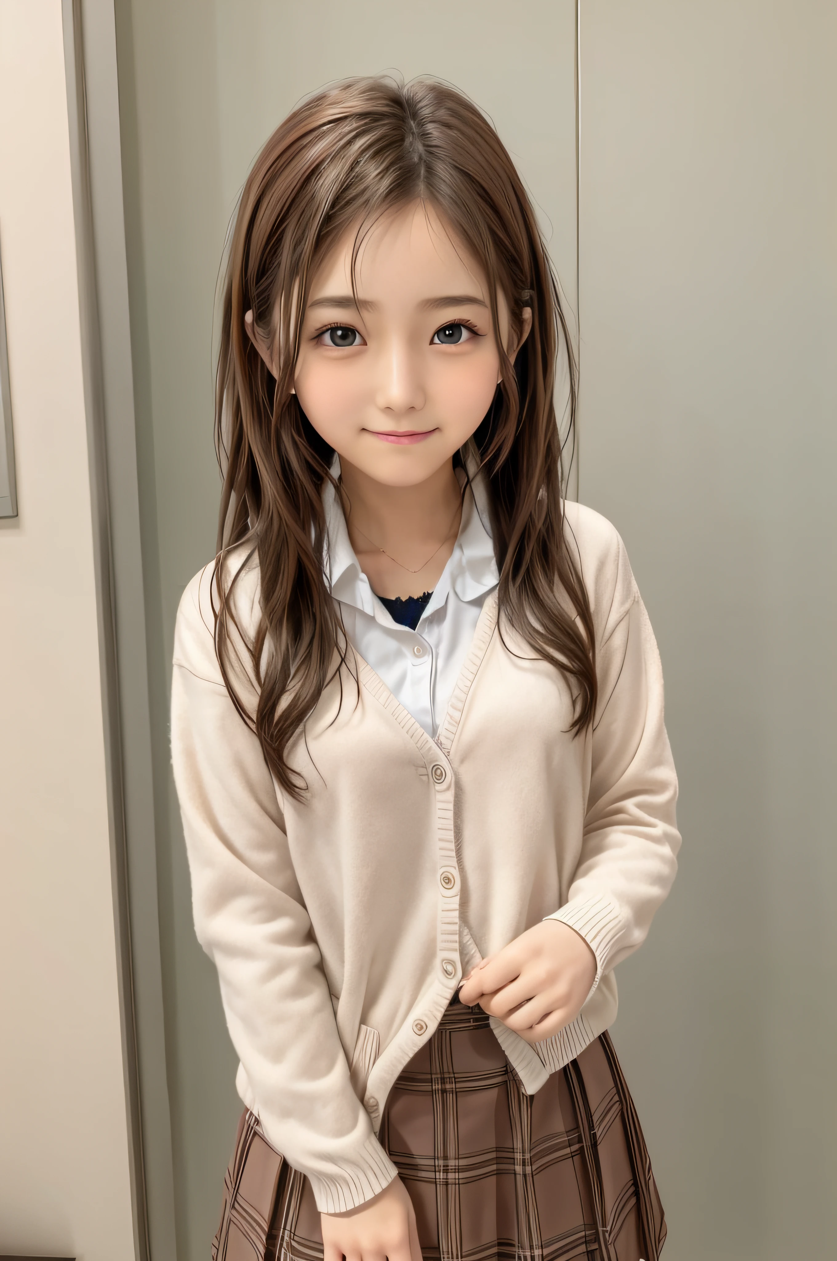 14Year old woman、soio、brown haired、beautidful eyes、real looking skin、A detailed eye、hi-school girl、(8K、masterpiece)、(reallistic、Photorealsitic)、top-quality、ighly detailed、The ultra-detailliert、Beautie、cute little、Korea person、a smile、Close-up portrait、Healthy face、schools、School uniform、Cardigan、plaid skirts