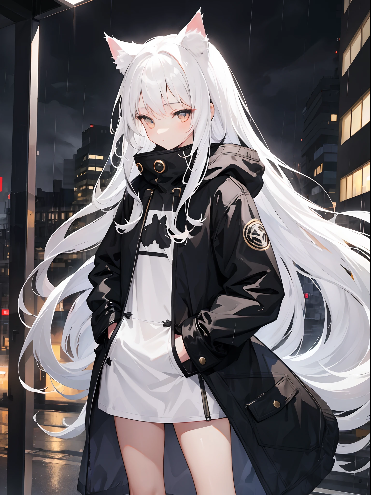 1 girl, Long Hair, White hair, cat ears, coat, rain, night city, hands in pocket