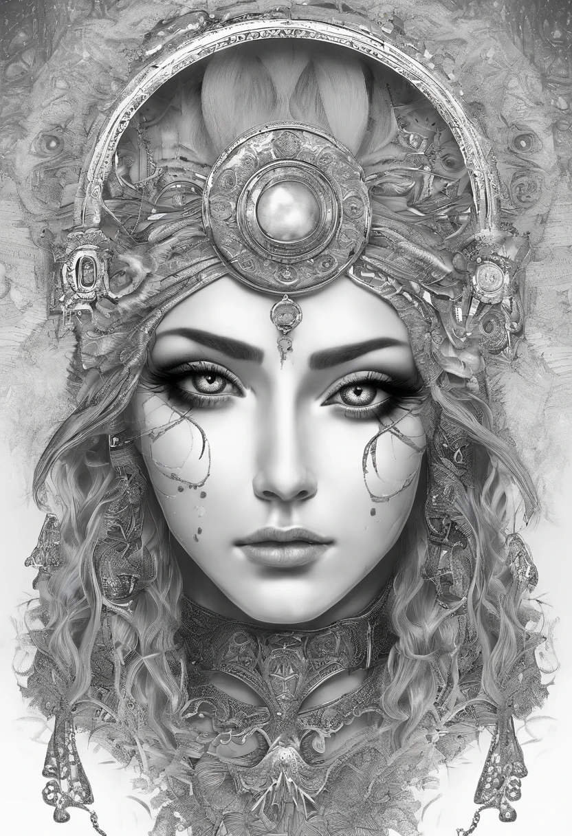 （best qualtiy，ultra - detailed，Most Best Illustration，Best shadow，tmasterpiece，A high resolution，professionalartwork，famousartwork），Detailed eyes，beautidful eyes，closeup cleavage，sci-fy，colored sclera，Robot eyes，face markings，Tattooed with，（fractalized，Fractal eyes），largeeyes，Wide eyes，（Eye focus），sface focus，Cosmic eyes，Space eyes，Close-up of metal sculpture of a woman with a moon in her hair，goddes。extremly high detail，3 d goddess portrait，Extremely detailed footage of the goddess，a stunning portrait of a goddess，Side image of the goddess，portrait of a beautiful goddess，Full body close-up portrait of the goddess，hecate goddess，portrait of a norse moon goddess，goddess of space and time