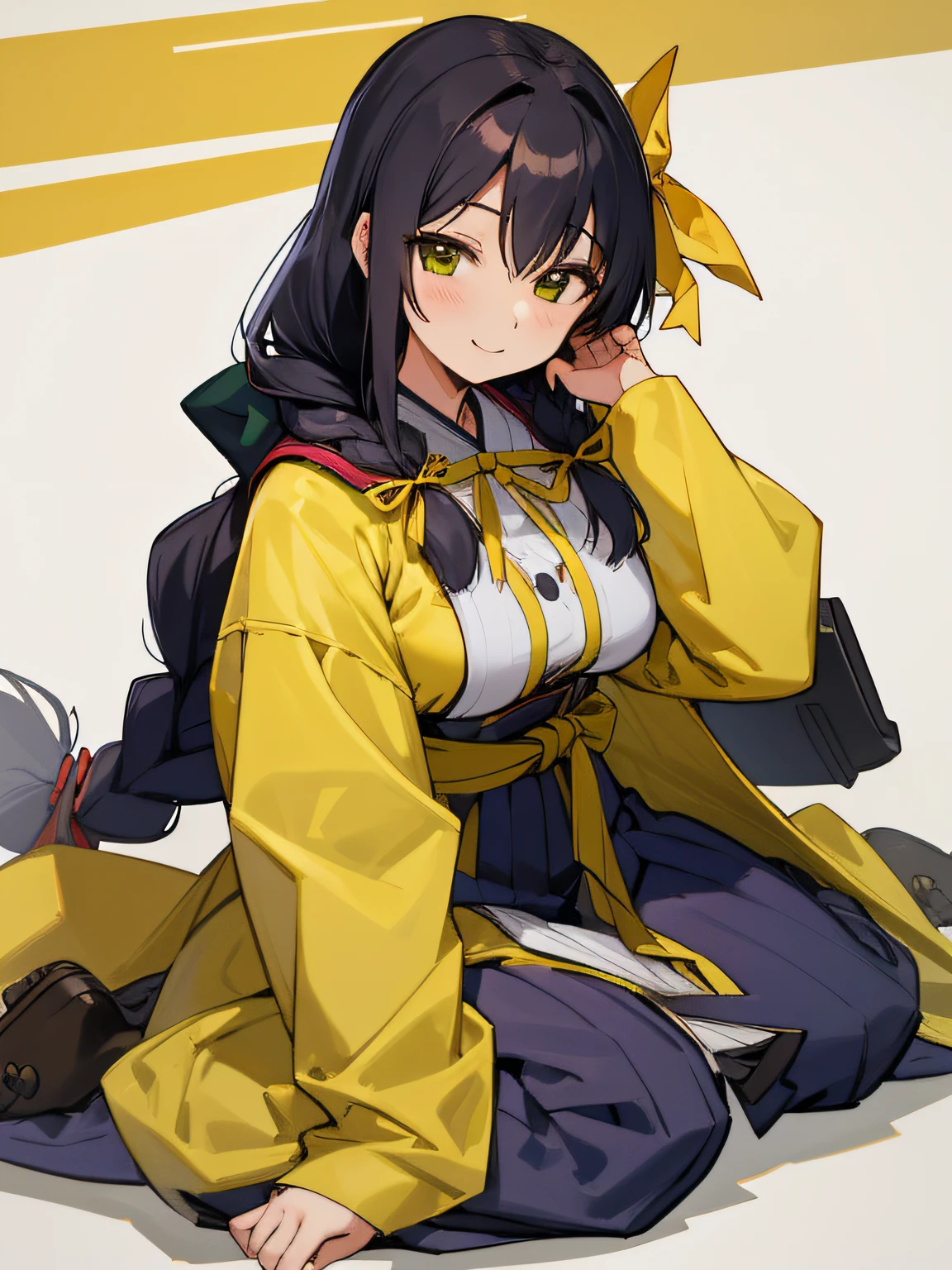 highly detailed,best quality, full body, 1girl,solo smile, (wariza:1.2) ,aya_hasebe,comic_party,long_hair,hair over shoulder,large_breast,green_eye,bangs, single braid,yellow ribbon, hair ribbon, winter_cloth, buttons,long sleeves,