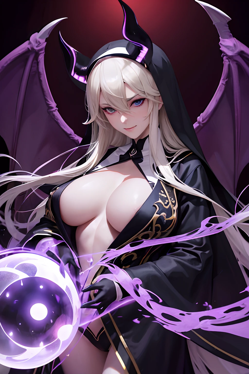 Stormy Daniels : The evil nun, Demon horn, Demon wings on the head , y robe de nonne, His hands preparing a sphere of purple energy, diabolique, insidieux, His powerful magic hits the buildings of a city , Context of the Satanic Church, detailled eyes, detailed hands