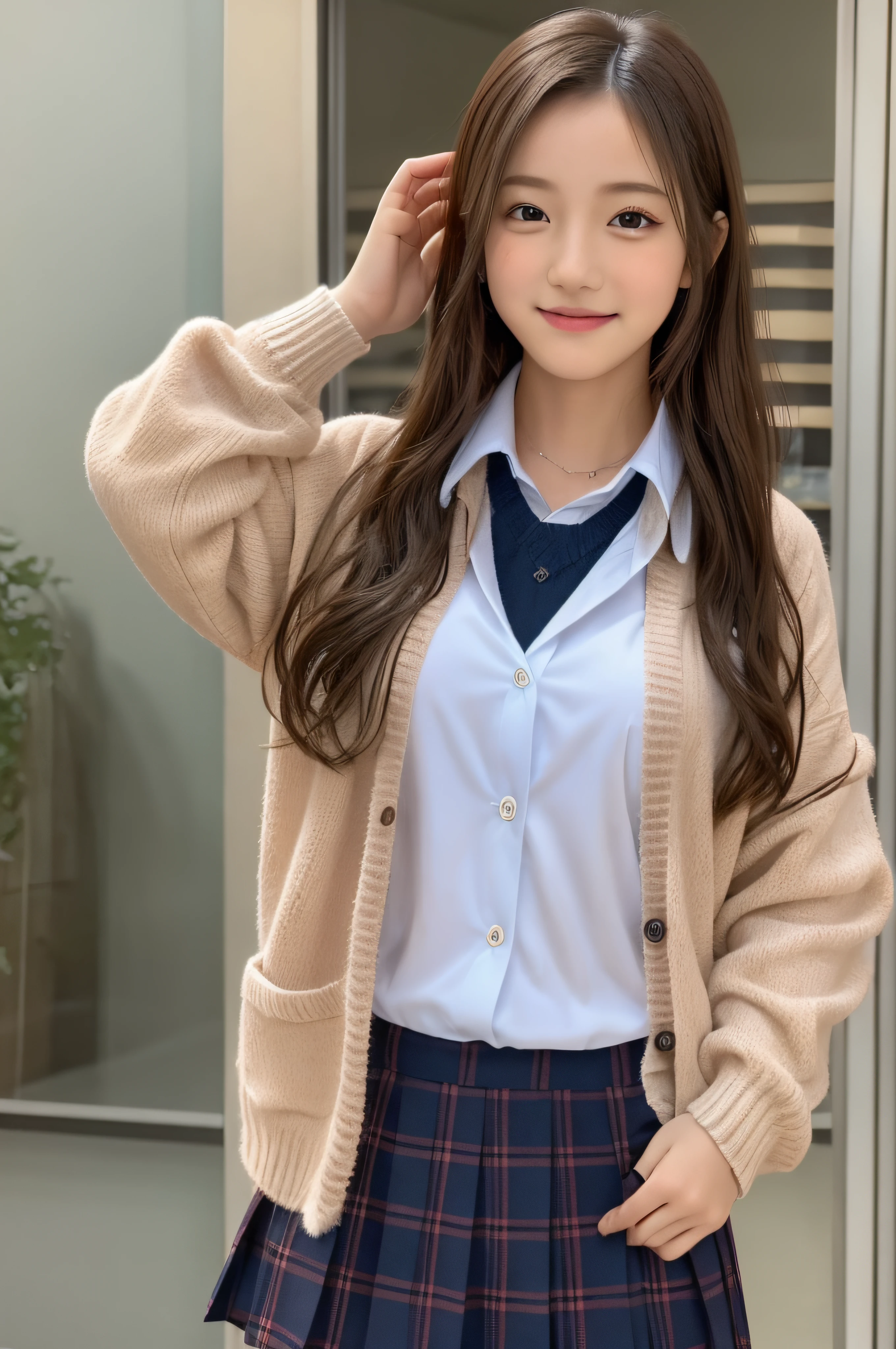 1４Year old woman、soio、brown haired、beautidful eyes、real looking skin、A detailed eye、hi-school girl、(8K、​masterpiece)、(reallistic、Photorealsitic)、top-quality、ighly detailed、The ultra-detailliert、Beautie、cute little、chineseidol、a smile、Close-up portrait、Healthy face、schools、School uniform、Cardigan、plaid skirts