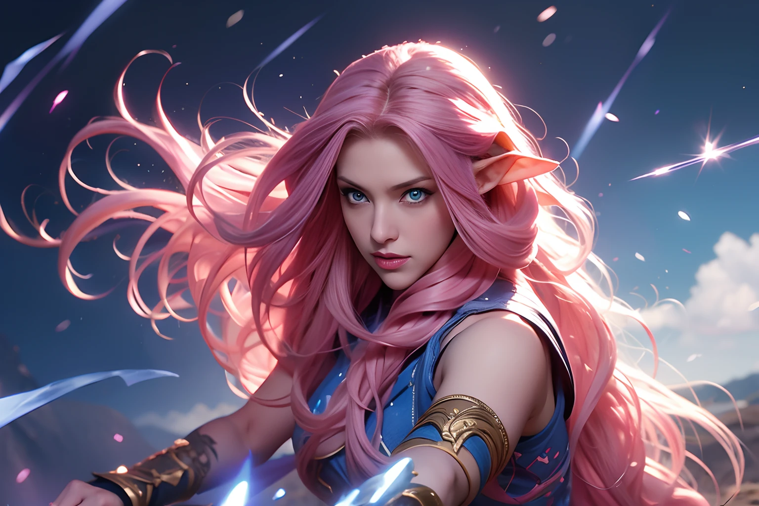 a woman, long curly hair, pink hair, blue eyes, elf, Combat stance, fight, magic, Combat