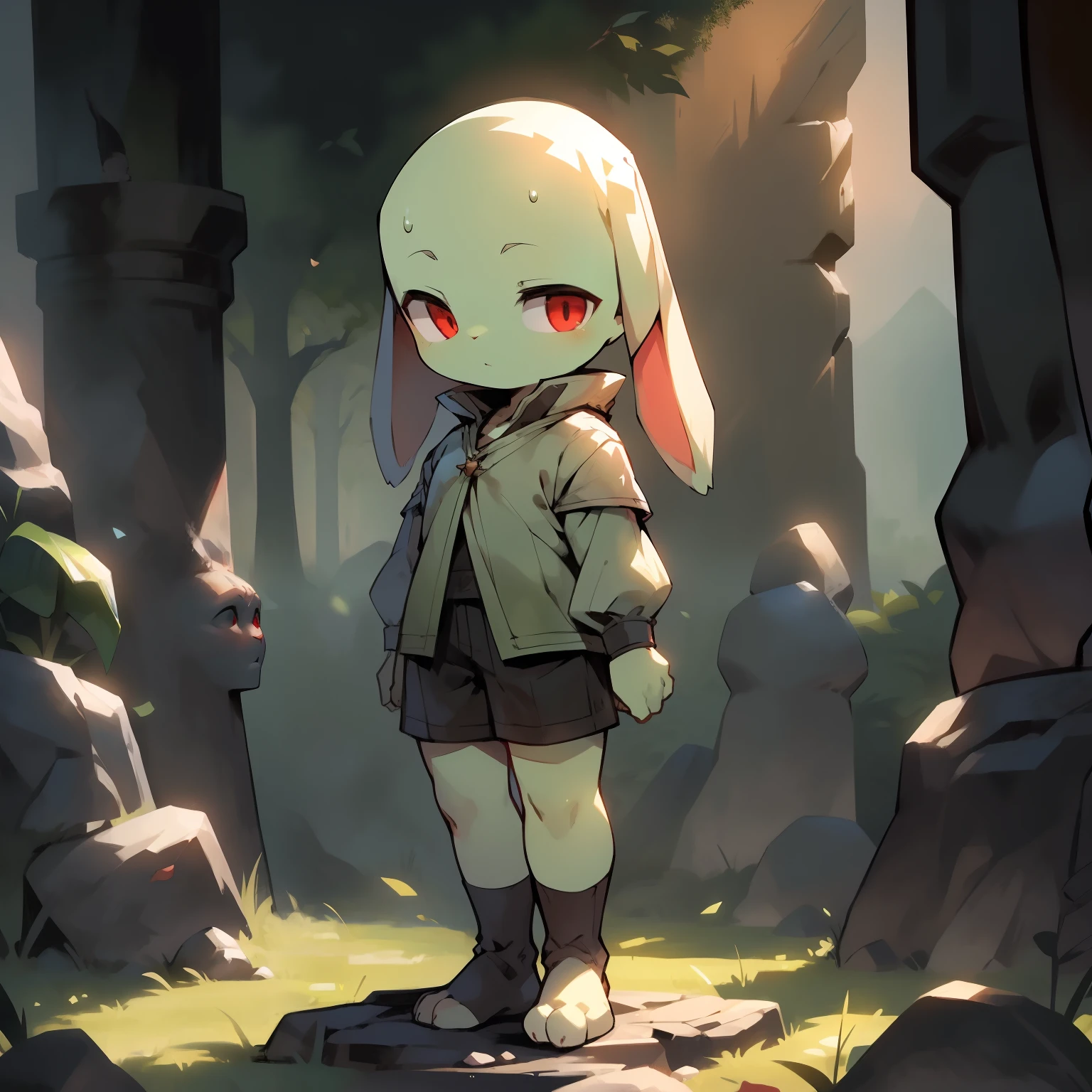 Best quality,Masterpiece,((byself)),Black top,Black shorts,Black socks,Stand on a stone slab,(Short stature),(bit girl),((The bald head has no ears,rabbit Facial Features,rabbit Body Features)),Erect ears,red eyes,(bunny tail),(White belly),(Pale green body hair,Light green legs),(Rabbit feet),alleys,