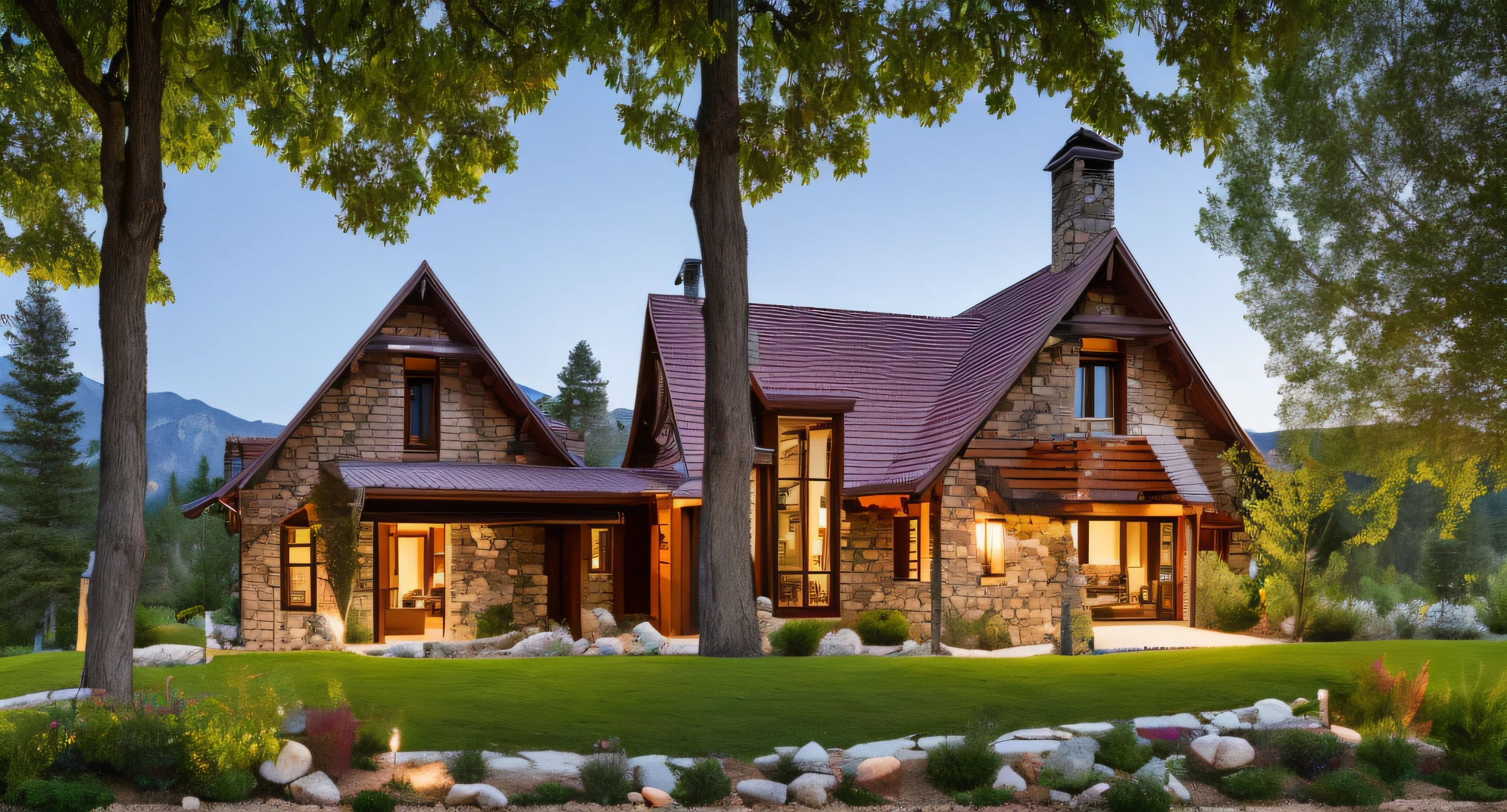 MOUNTAIN HOUSE, MEDICAL STYLE, ArchDaily, bokeh. CANON. STONE WALL. RED TILE. pine trees behind the house.realistic PHOTO.wooden house with stone, car, few people standing in the yard, french windows, vines on the wall. arch door. french garden landscape. House on top of the hill.