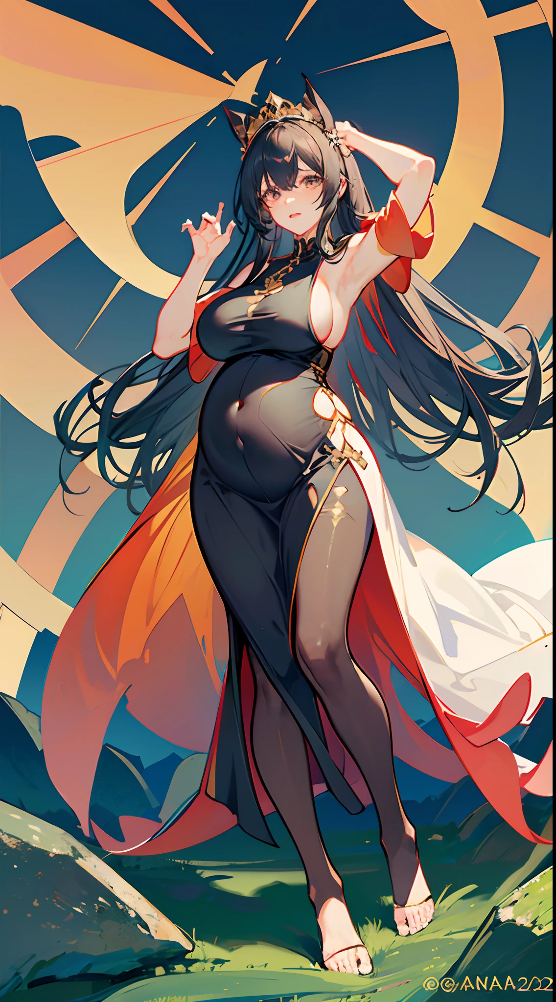 pregnant women with huge tits,female emperor,Black royal robes,full body,pantyhose,standing,Raise both hands,Expose the armpits,no shoes,professional feet,Highly detailed toes