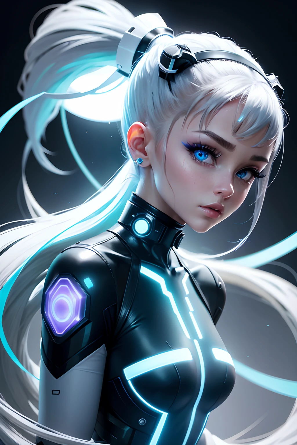 Full body cyber girl with ponytail. Ariana Grande's face. Bright white color indicating she is a Cyber Girl Whit Laser Rifle. White eyebrows. Clothes like a catsuit. She also has bright blue eyes. The environment is like a terminator. Hair is platina. She is illuminated in bright blue on one side of her face. Led like.  And there are LED lights in both hands too.