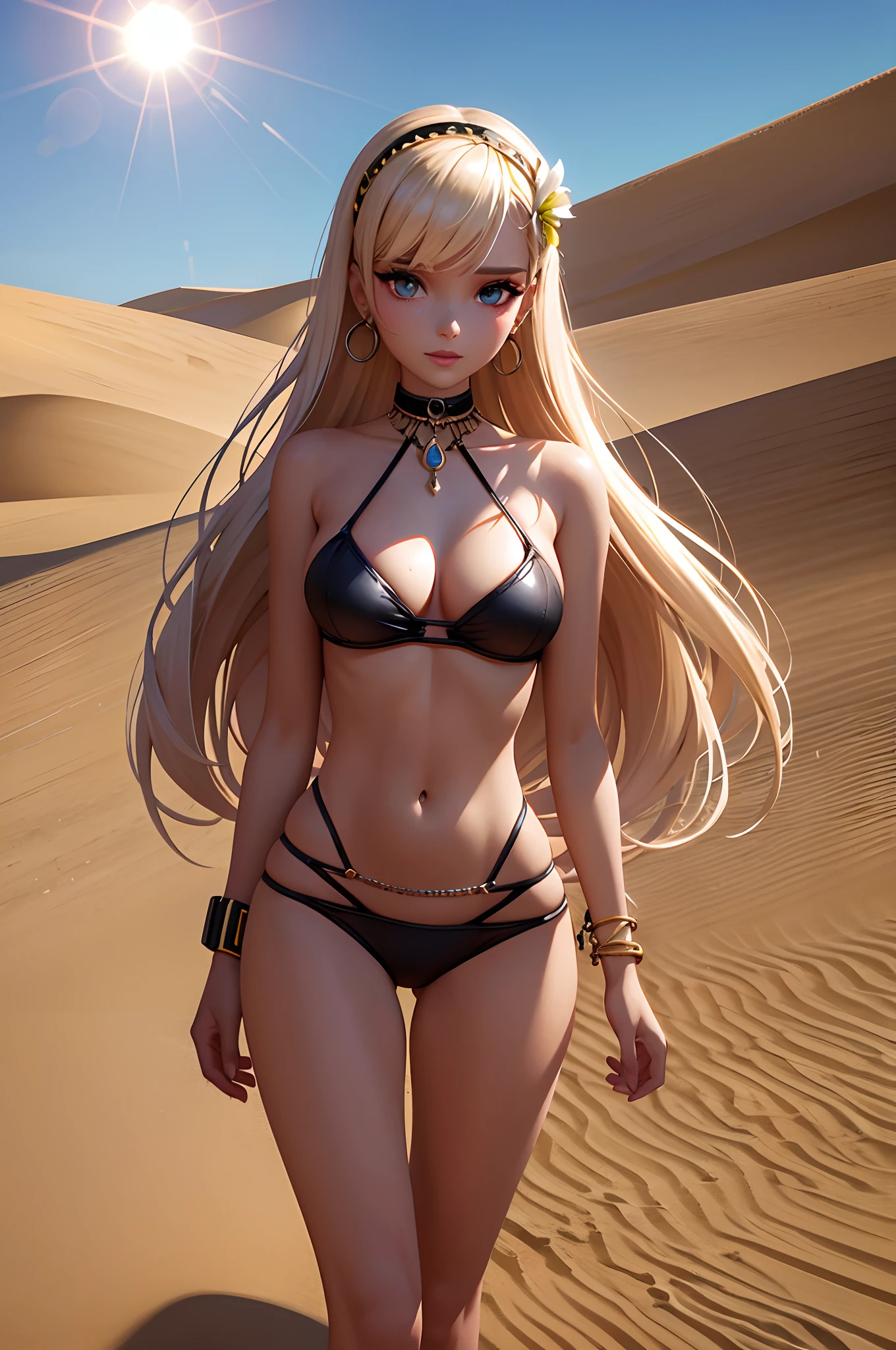 Imagine Barbie as a chic nomad, atravessando a vasta paisagem do deserto nas costas de um camelo. Adornada em intrincados trajes do deserto, She navigates sand dunes and oases, synthesizing grace and style in the arid desert.