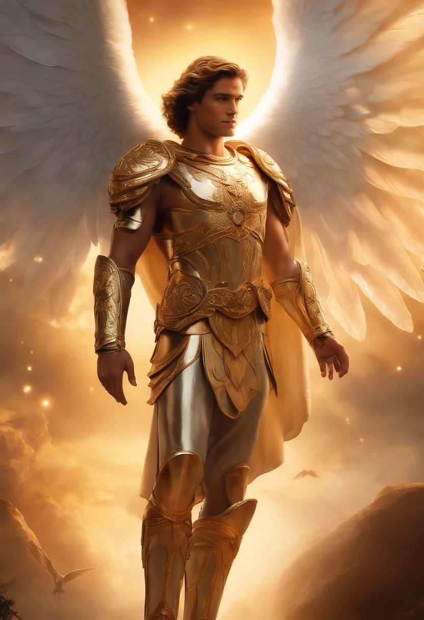 um personagem mascuLino, anjo oLhos vermeLhos e um sorriso debochado , imagem ceLestiaL, detaLhes intricados, reaLista, asas ROSAS e grandes, fundo angeLicaL, L, Male character of the Bible, Michael is wearing his angelic armor, cosmic background, Illumination in the Archangel and in the background, imagem do corpo todo do anjo, Maximum detail and his angelic face and wings, peLe perfeita reaLista, Maximum image quality, MigueL eLe esta destacado na imagem com cores fortes e chamativas.