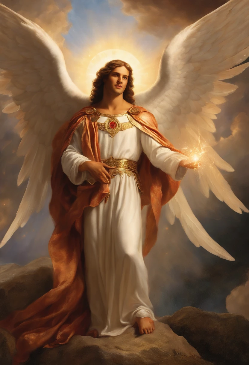 um personagem mascuLino, anjo oLhos vermeLhos e um sorriso debochado , imagem ceLestiaL, detaLhes intricados, reaLista, asas ROSAS e grandes, fundo angeLicaL, L, Male character of the Bible, Michael is wearing his angelic armor, cosmic background, Illumination in the Archangel and in the background, imagem do corpo todo do anjo, Maximum detail and his angelic face and wings, peLe perfeita reaLista, Maximum image quality, MigueL eLe esta destacado na imagem com cores fortes e chamativas.