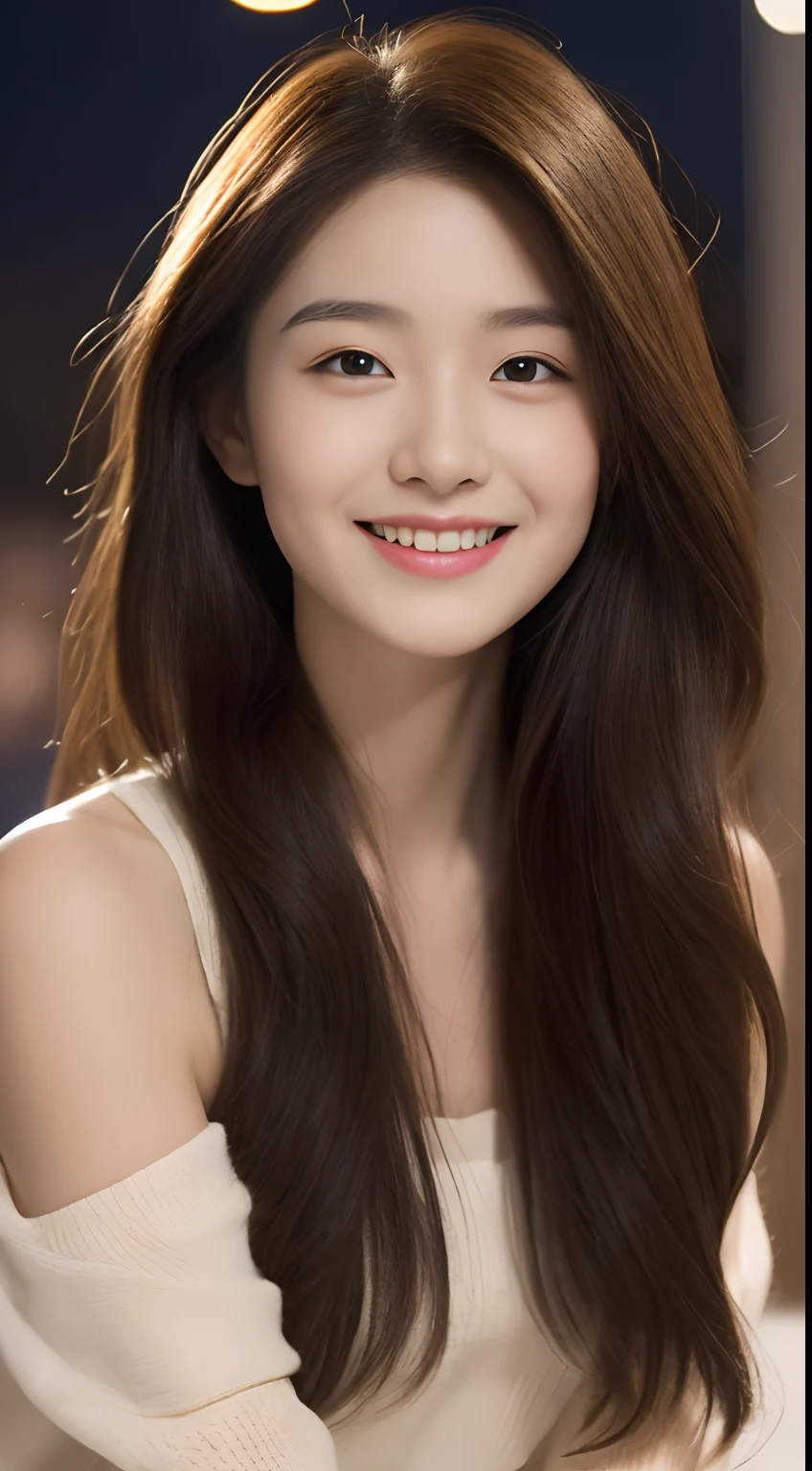 ((Top quality, 16k, Masterpiece: 1.3)), Focus: 1.2, Perfect body: 1.2, Slender abs, (Detailed face and skin texture, Delicate eyes, Double eyelids, Light smile), (Long brown hair), (Black shoulders), (city night scene, Sitting), From the front