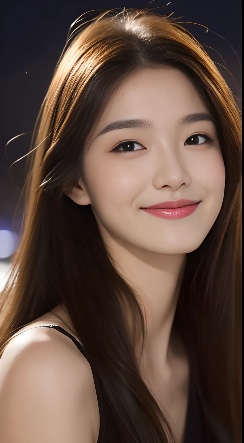 ((Top quality, 16k, Masterpiece: 1.3)), Focus: 1.2, Perfect body: 1.2, Slender abs, (Detailed face and skin texture, Delicate eyes, Double eyelids, Light smile), (Long brown hair), (Black shoulders), (city night scene, Sitting), From the front