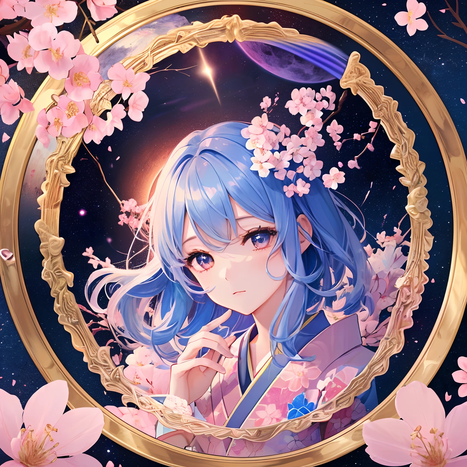 1 beautiful girl、(masterpiece、top-quality、top-quality、Beautifully Aesthetic:1.2)、(1girl in:1.3)、(Fractal Art:1.3)、Delicate round picture frame、Delicate kimono、rainbow-colored hair、cherryblossom, Clouds, Behind is a huge round moon, Stars, White background,PastelColors、Looking up at the night sky