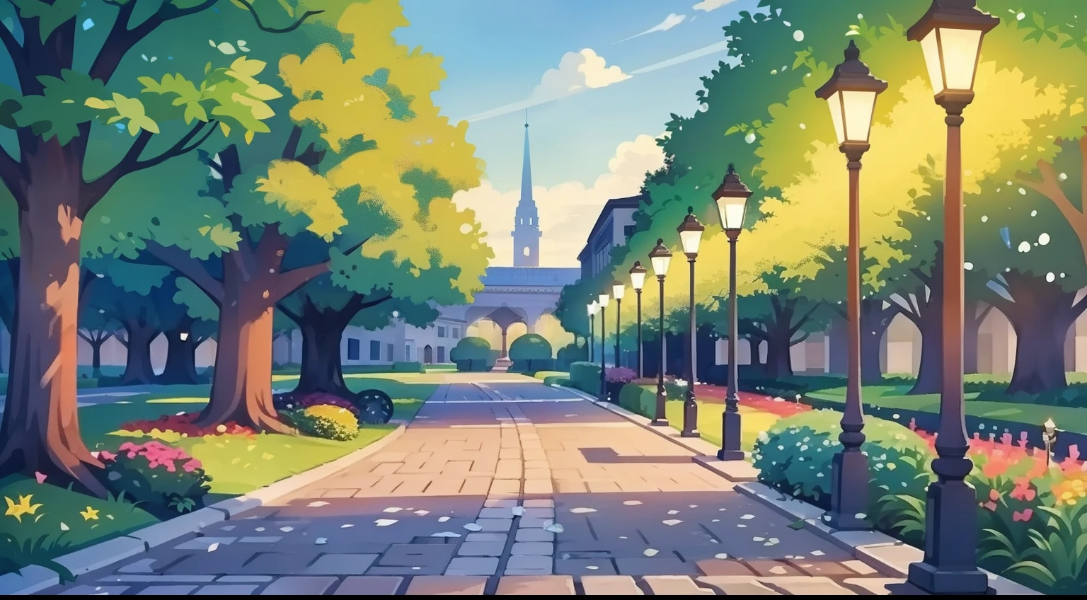 Beautiful park landscape painting、Natural Color、Benches、street lamp