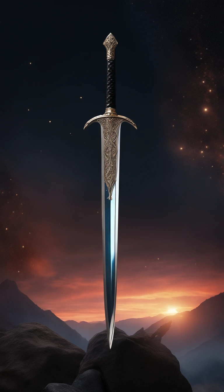 greatsword, thin long obsidian blade, black colored blade, glittered with stars, intricate design