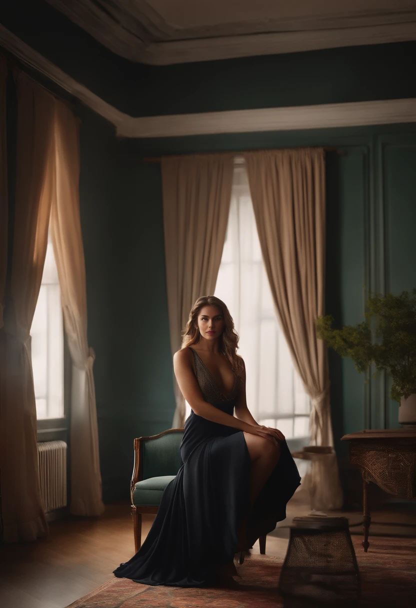 there is a woman sitting on a chair in a room, olhar :: octan render, Cinematic realistic portrait, semi-realistic rendering, realistic soft lighting, foto retrato suave 8 k, sensual 8K lighting, [ Fotorrealismo 4K ]!!, [ Fotorrealismo 4K ]!!!, cinematic soft lighting, cinematic realistic photo, [ Fotorrealismo 4K ]
