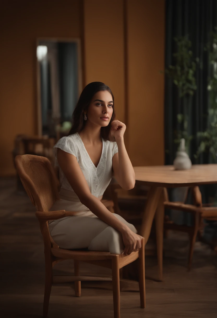 there is a woman sitting on a chair in a room, olhar :: octan render, Cinematic realistic portrait, semi-realistic rendering, realistic soft lighting, foto retrato suave 8 k, sensual 8K lighting, [ Fotorrealismo 4K ]!!, [ Fotorrealismo 4K ]!!!, cinematic soft lighting, cinematic realistic photo, [ Fotorrealismo 4K ]