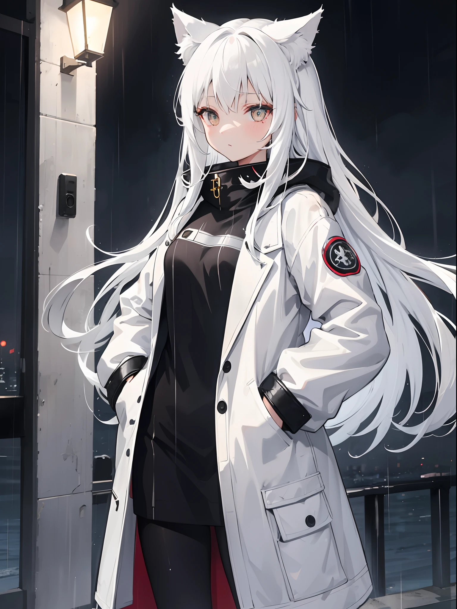 ((heterochromia )) (((double coulored eyes))) solo, white hair, red ribbon, headgear, ponytail, gradient hair, white coat, goggles, goggles around neck, red eyes, blue eyes, white coat,bra, prosthetic arm, bandaged arm BREAK detailed shading, (((cowboy shot))), black pants, single pantsleg,hands on hips