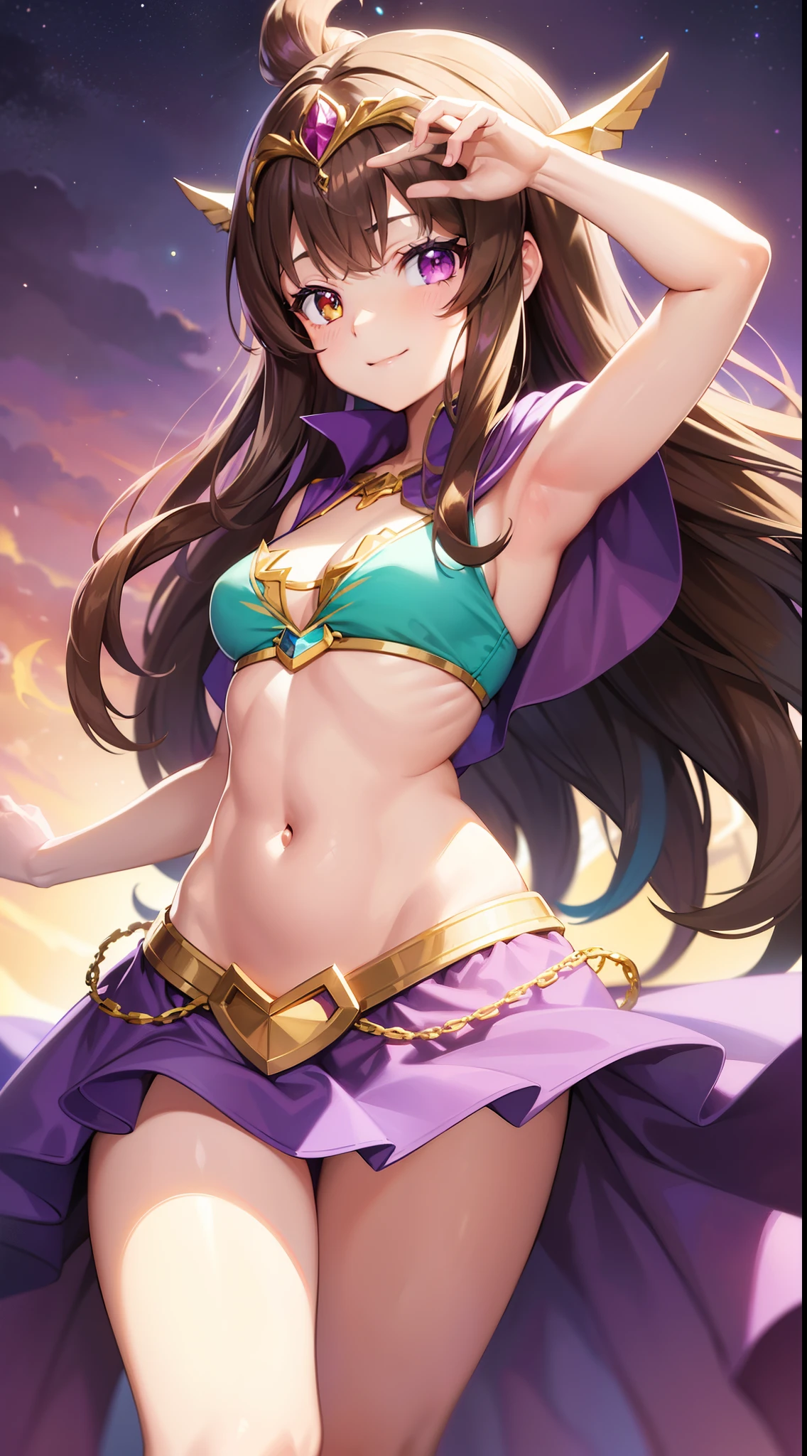 young girl, Long brown hair, Heterochromia, purple and yellow eyes, Smile, purple tight top, Turquoise skirt, open belly, Cape King, diadem, Gold Elements, She-ra, Masterpiece, hiquality, 4k, HD, Good detail