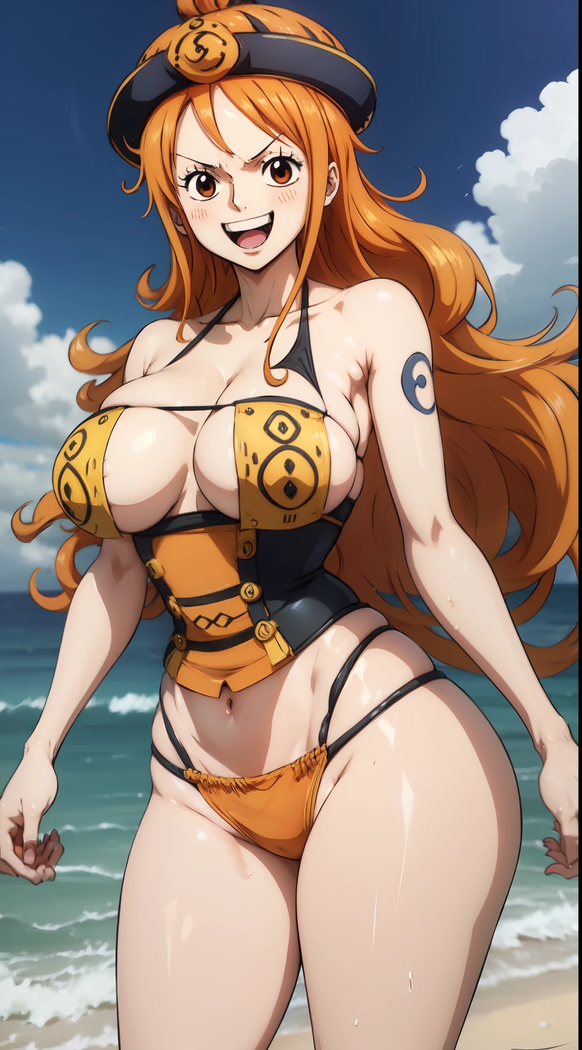 (ANIME ART STYLE) nami (ONE PIECE), with orange long hair, brown eyes, wearing black bikini, blushing, joyful expression, dynamic pose, standing,beach, NSFW,breast curtains,jiangshi
qing_guanmao,no bra,big breast.