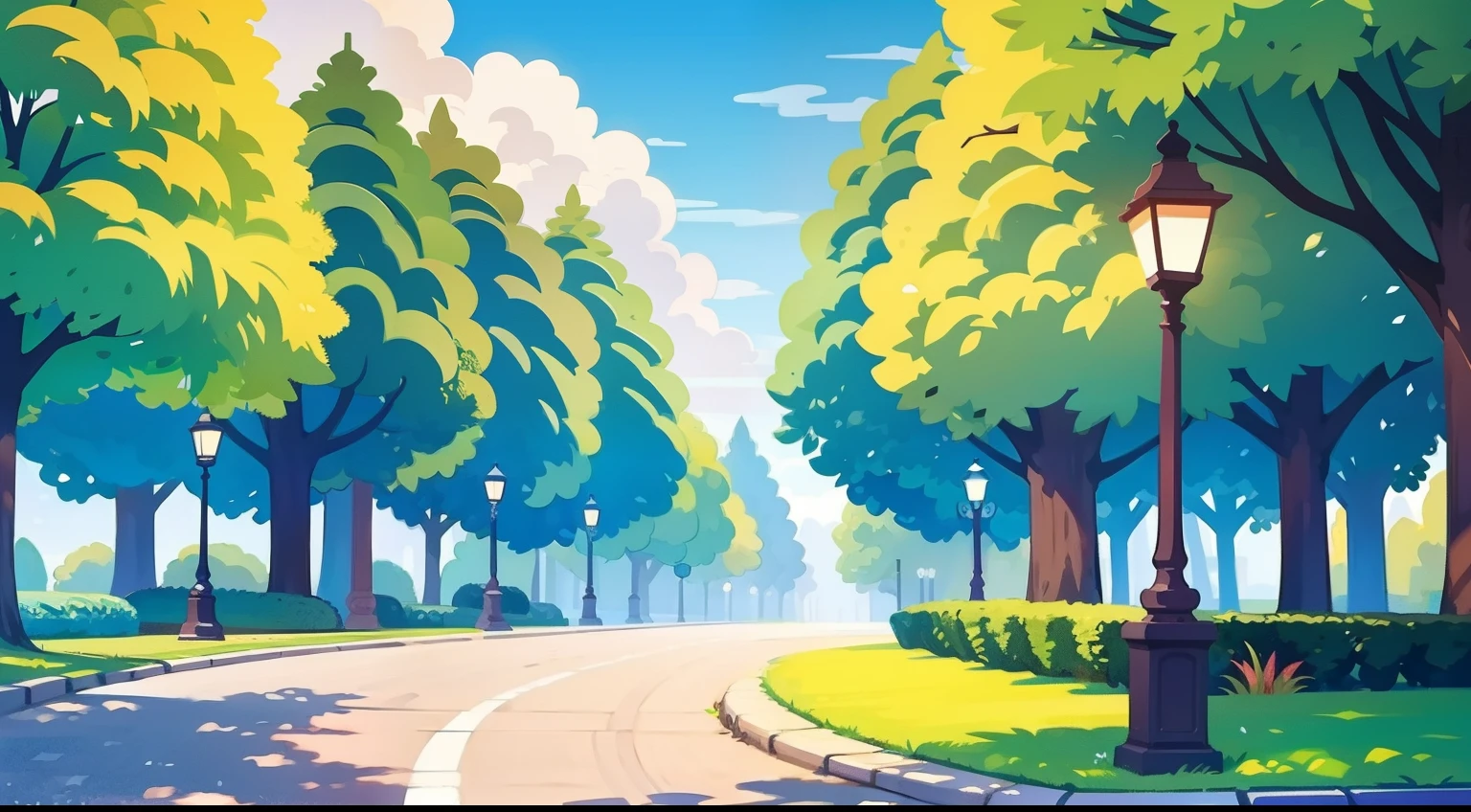 Beautiful park landscape painting、Natural Color、hightquality、masutepiece、Benches、street lamp