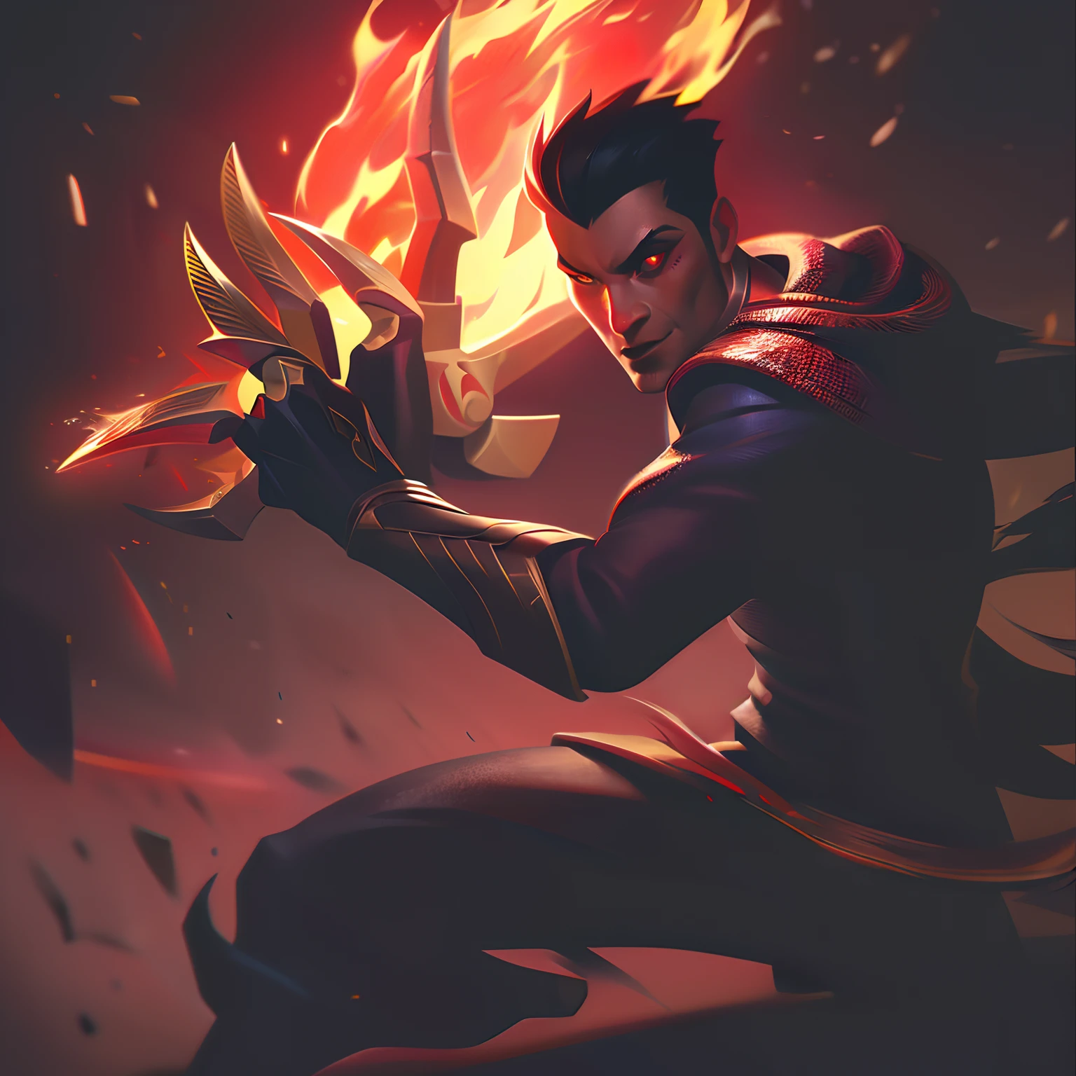 Lolsplashart, man with short black hair, red eyes, white skin, alone, 1 Man, holding two swords of fire, Asian manc,Piltover Scene, ((dressed in a black suit)), demons beside