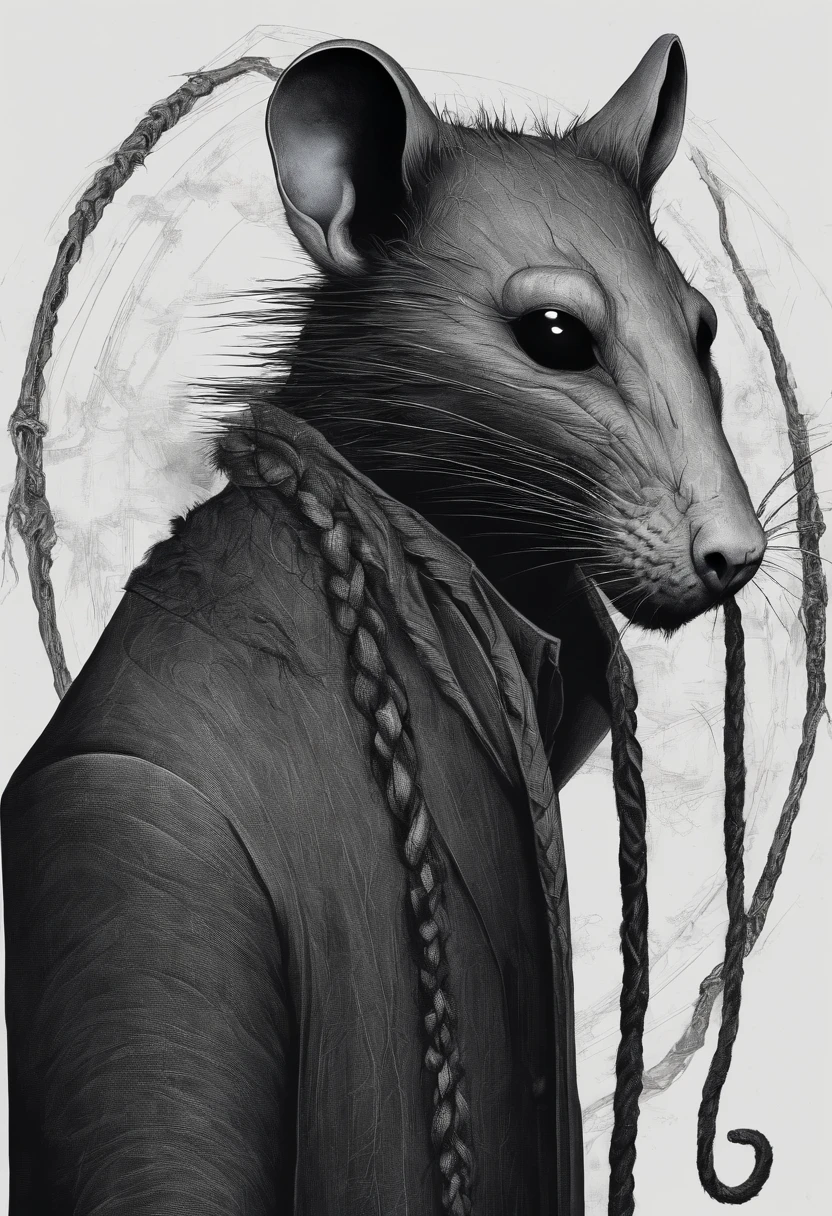 A tall, skinny, broad-shouldered anthropomorphic gray rat with a black muzzle. The eyes shine ominously. Black, long hair, combed back and braided. Wears a dark, long coat.