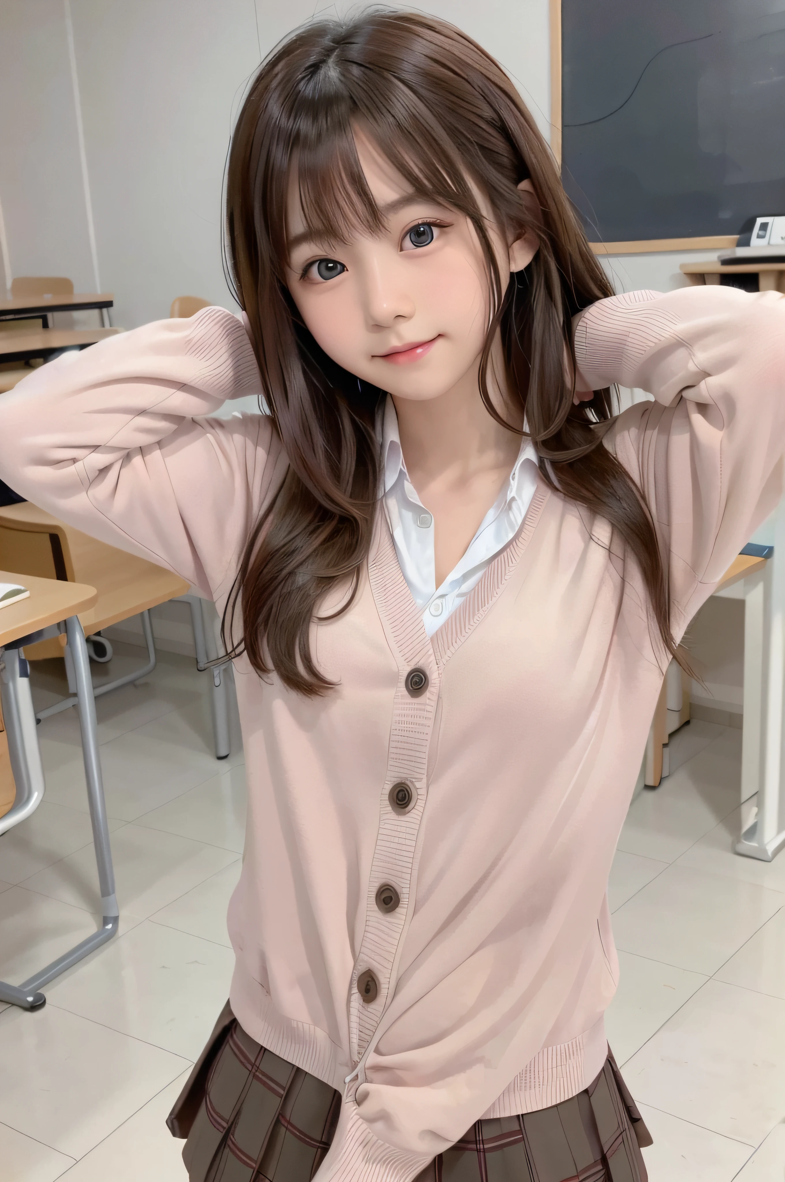 14Year old woman、soio、brown haired、beautidful eyes、real looking skin、A detailed eye、hi-school girl、(8K、masterpiece)、(reallistic、Photorealsitic)、top-quality、ighly detailed、The ultra-detailliert、Beautie、cute little、chineseidol、a smile、Close-up portrait、Healthy face、schools、School uniform、Cardigan、plaid skirts
