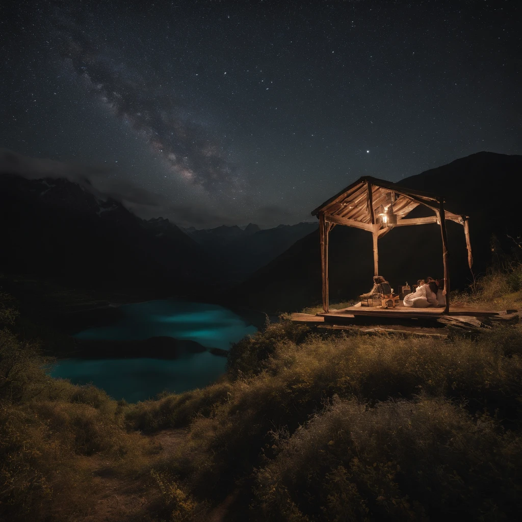 Master Parts、Superior Quality、superior image quality、The 8k quality、Beautiful pictures of the starry sky、magnifica、Arched Milky Way:1.9、Himalayas、Blue glowing lake:1.9