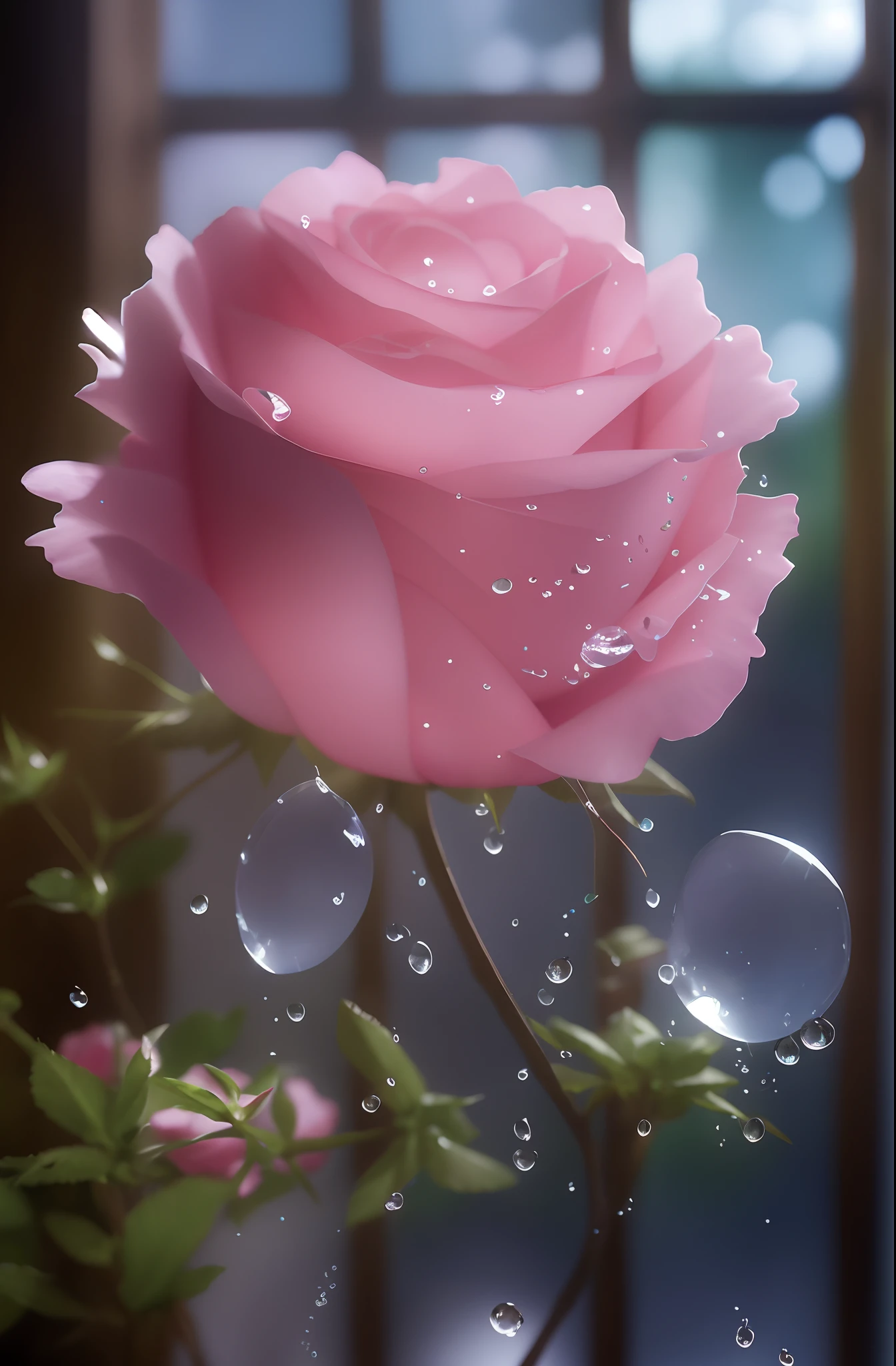 There is a pink rose,Fleshy roses are super realistic with water droplets on top, melanchonic rose soft light, roses in cinematic light, Realistic pictures, photorealistic detailed picture, alexey egorov, photo realistic style, After the rain, low details. Digital painting, Ultra detail. Digital painting, photo realistic image, after rainny, Realistic digital painting, Beautiful photorealistic images