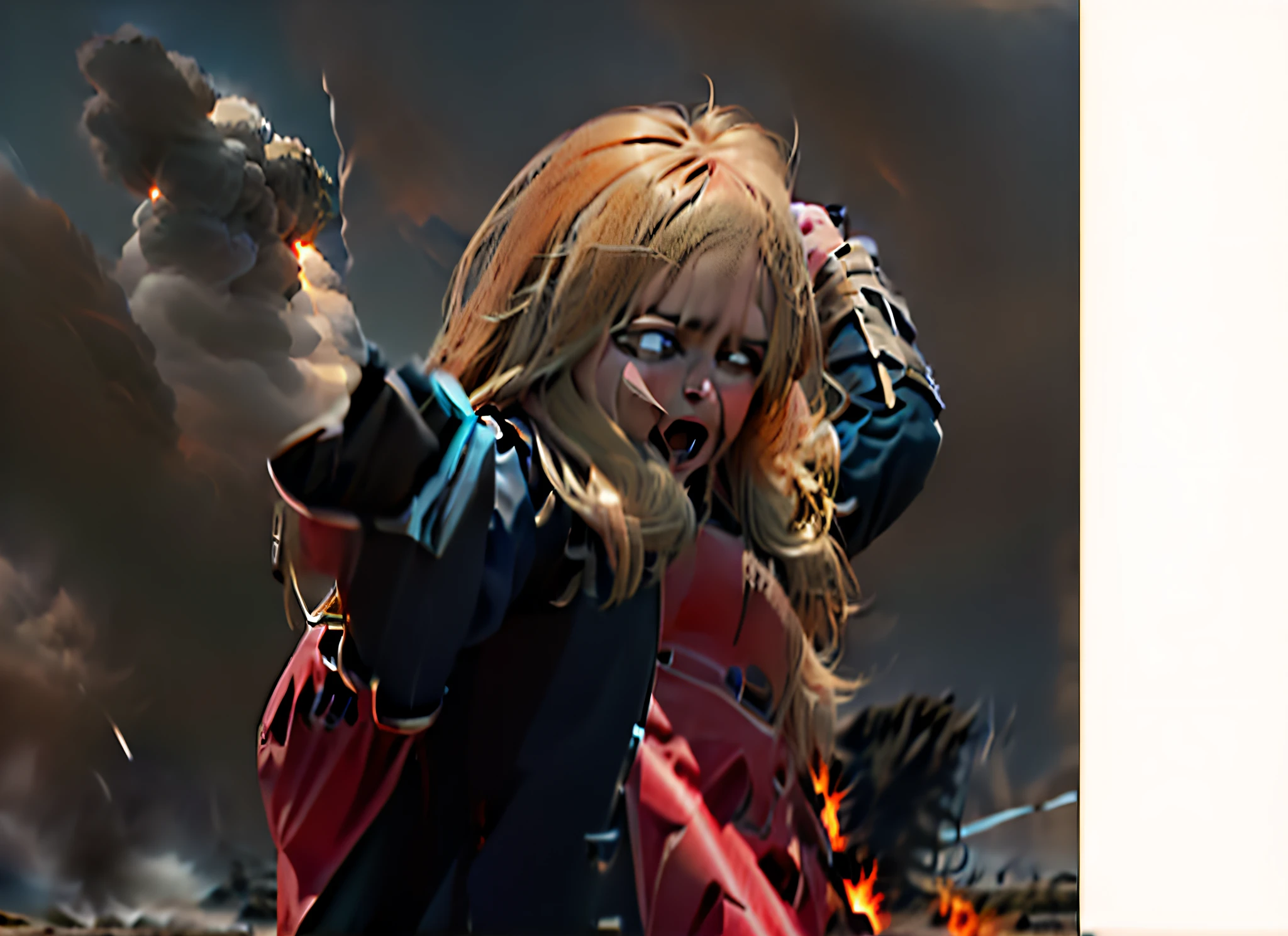 pointing with a explosion in the background