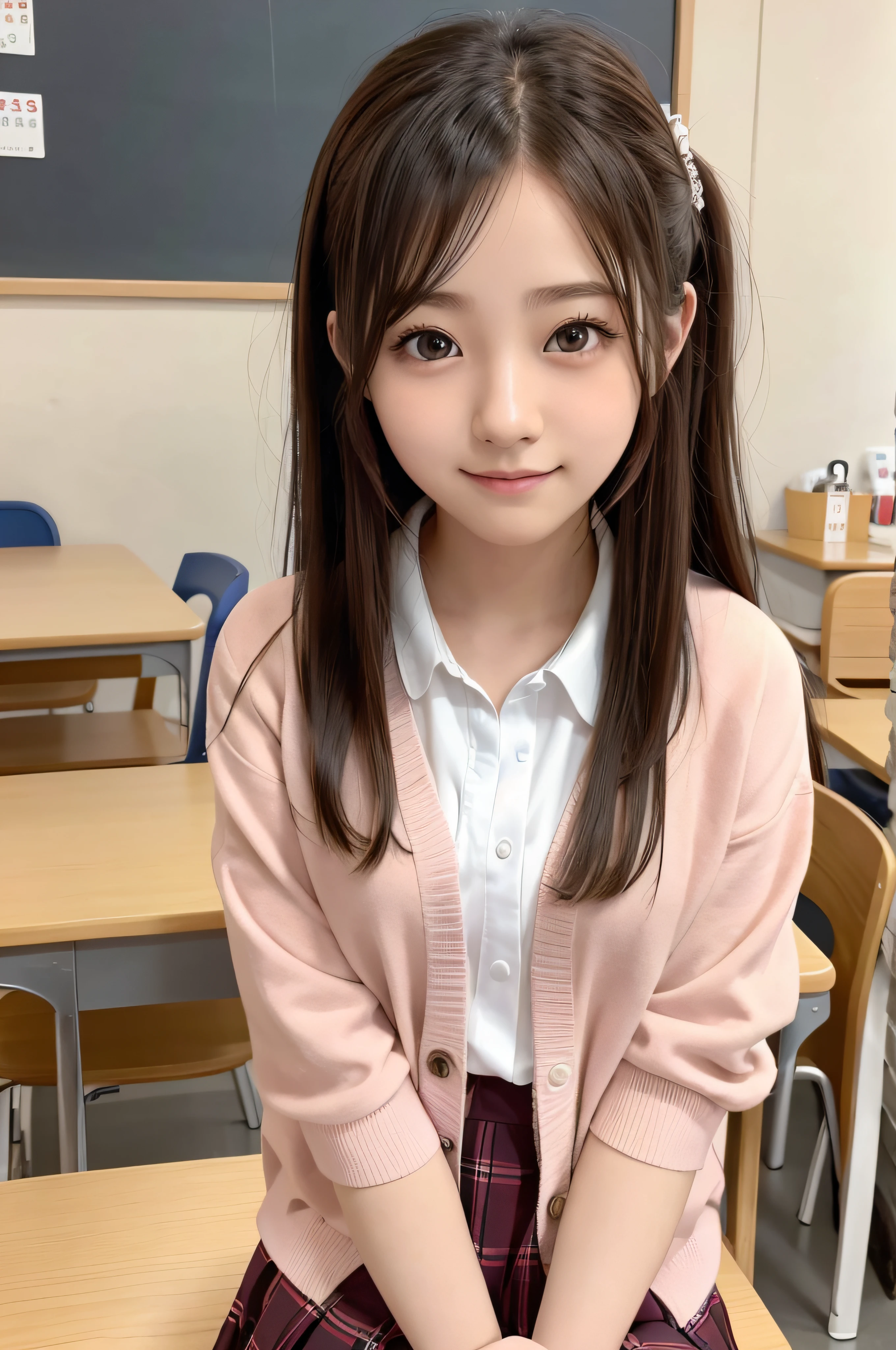 -yeld wo、soio、brown haired、beautidful eyes、real looking skin、A detailed eye、hi-school girl、(8K、masterpiece)、(reallistic、Photorealsitic)、top-quality、ighly detailed、The ultra-detailliert、Beautie、cute little、chineseidol、a smile、Close-up portrait、Healthy face、schools、School uniform、Cardigan、plaid skirts