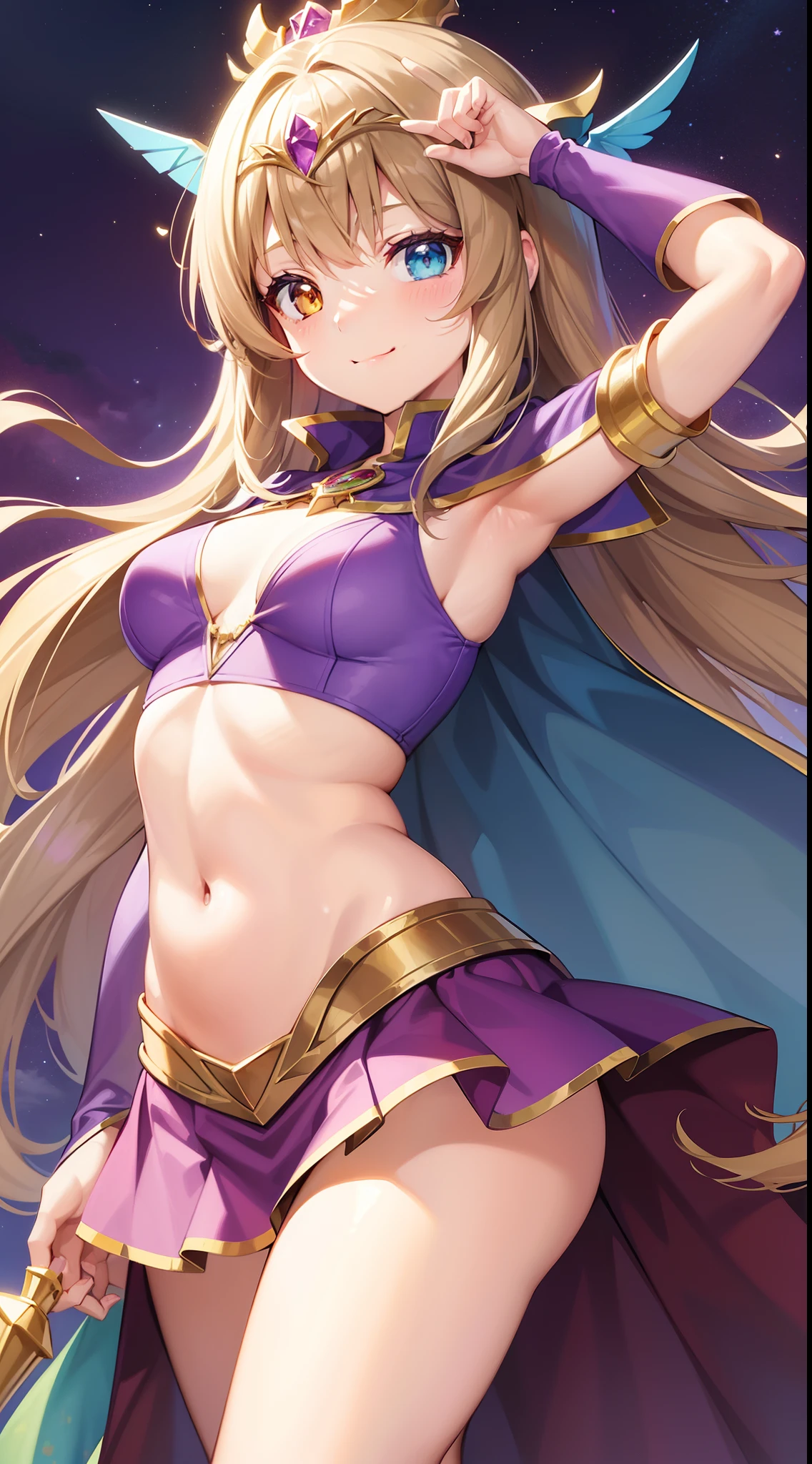 young girl, Long brown hair, Heterochromia, purple and yellow eyes, Smile, purple tight top, Turquoise skirt, open belly, Cape King, diadem, Gold Elements, She-ra, Masterpiece, hiquality, 4k, HD, Good detail