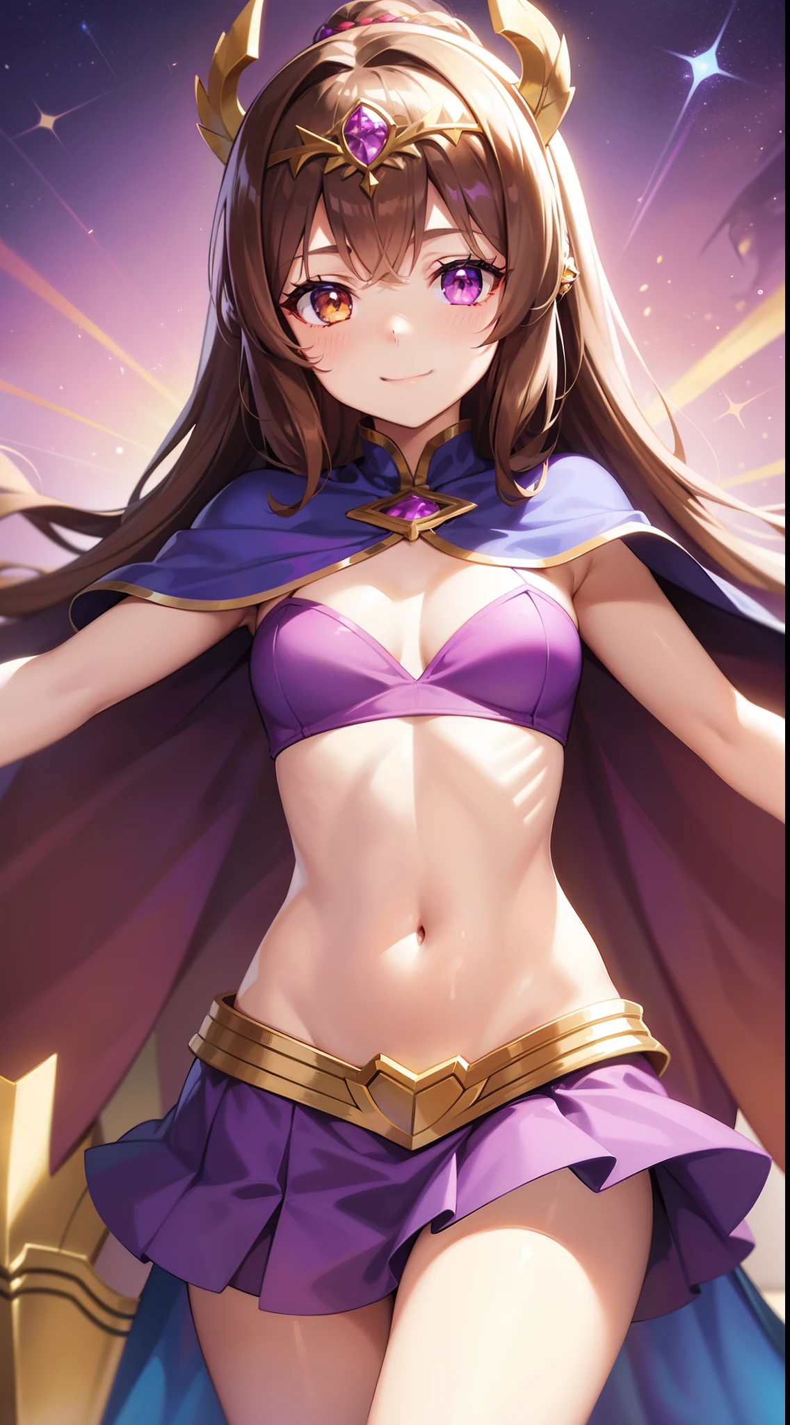 young girl, Long brown hair, Heterochromia, purple and yellow eyes, Smile, purple tight top, Turquoise skirt, open belly, Cape King, diadem, Gold Elements, She-ra, Masterpiece, hiquality, 4k, HD, Good detail