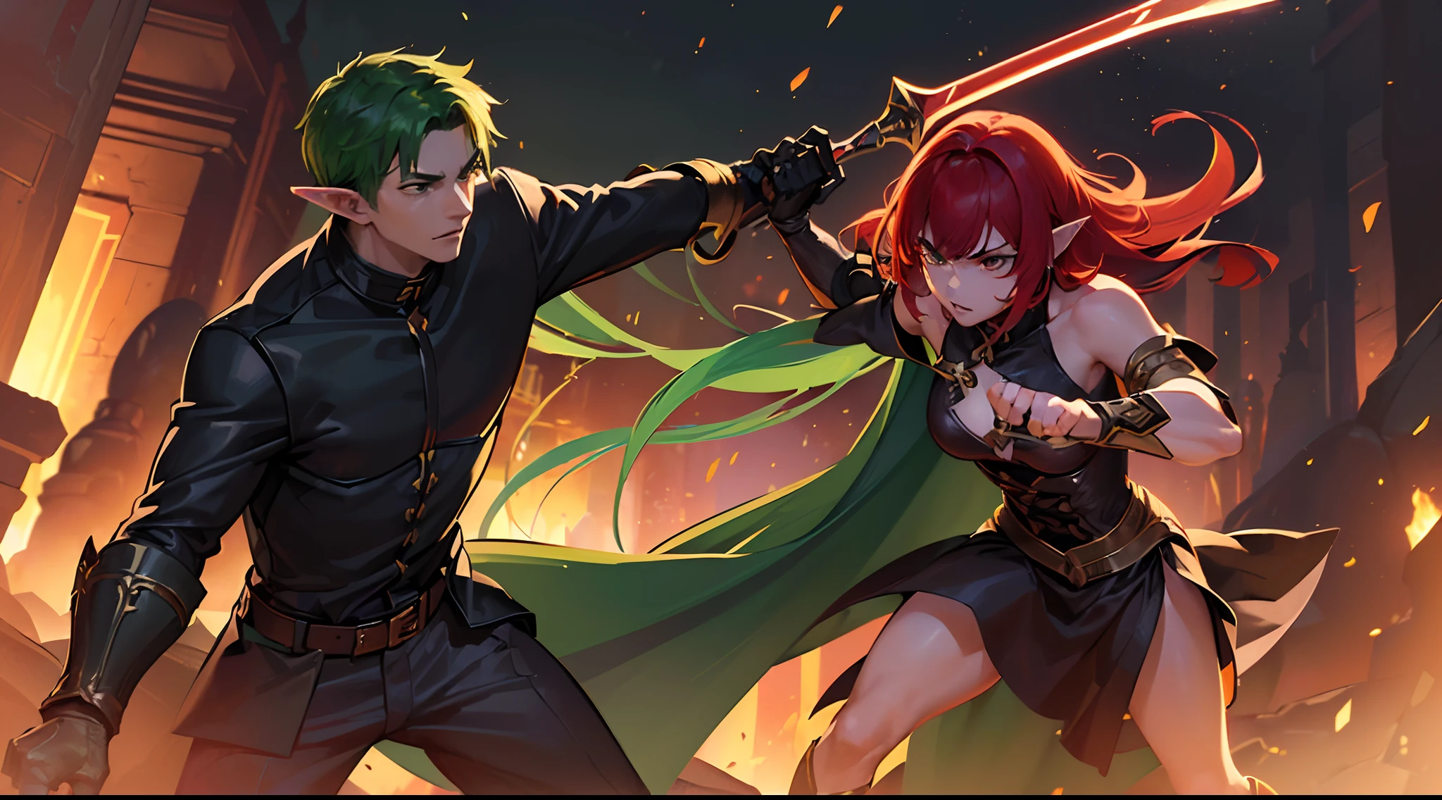 (fight scene:1.35), (with weapon and magic:1.35), (Height difference1.3), 1boy, 1girl, detailed (face|hands|body:1.5), (elf 1boy with (green hair|light skin)), (daemon-like 1girl with (red hair|dark skin)), (fight each other:1.35), full body, knight and Daemon lord, fantasy, enchanted dark forest, dark fairy tale