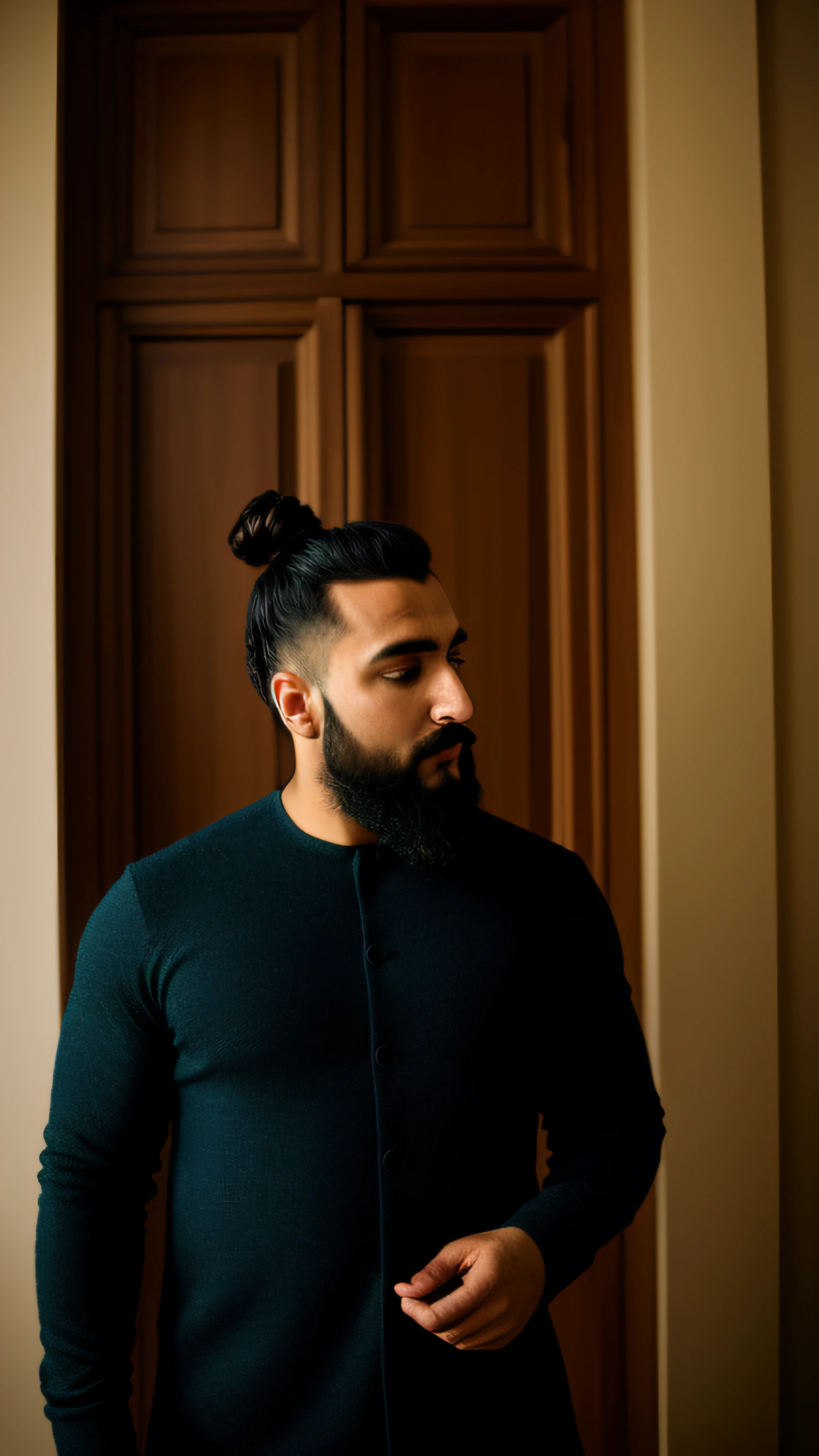 arafed man with a beard and a bun in a room, enes dirig, khyzyl saleem, profile pic, johnatan wayshak, profile image, profile picture, mid shot portrait, inspired by Ismail Acar, alejandro, sayem reza, ash thorp khyzyl saleem, kyza saleem, joel torres