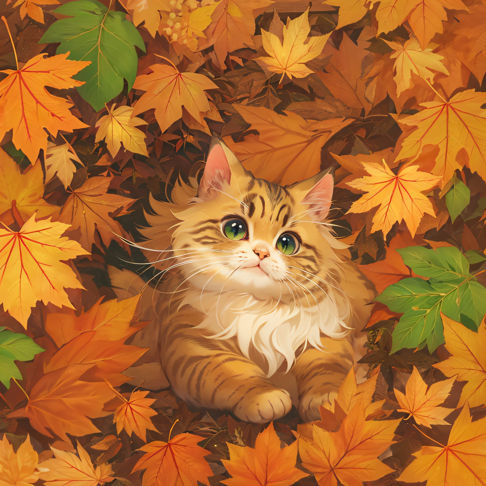 Cute cat, cute, autumn leaves background