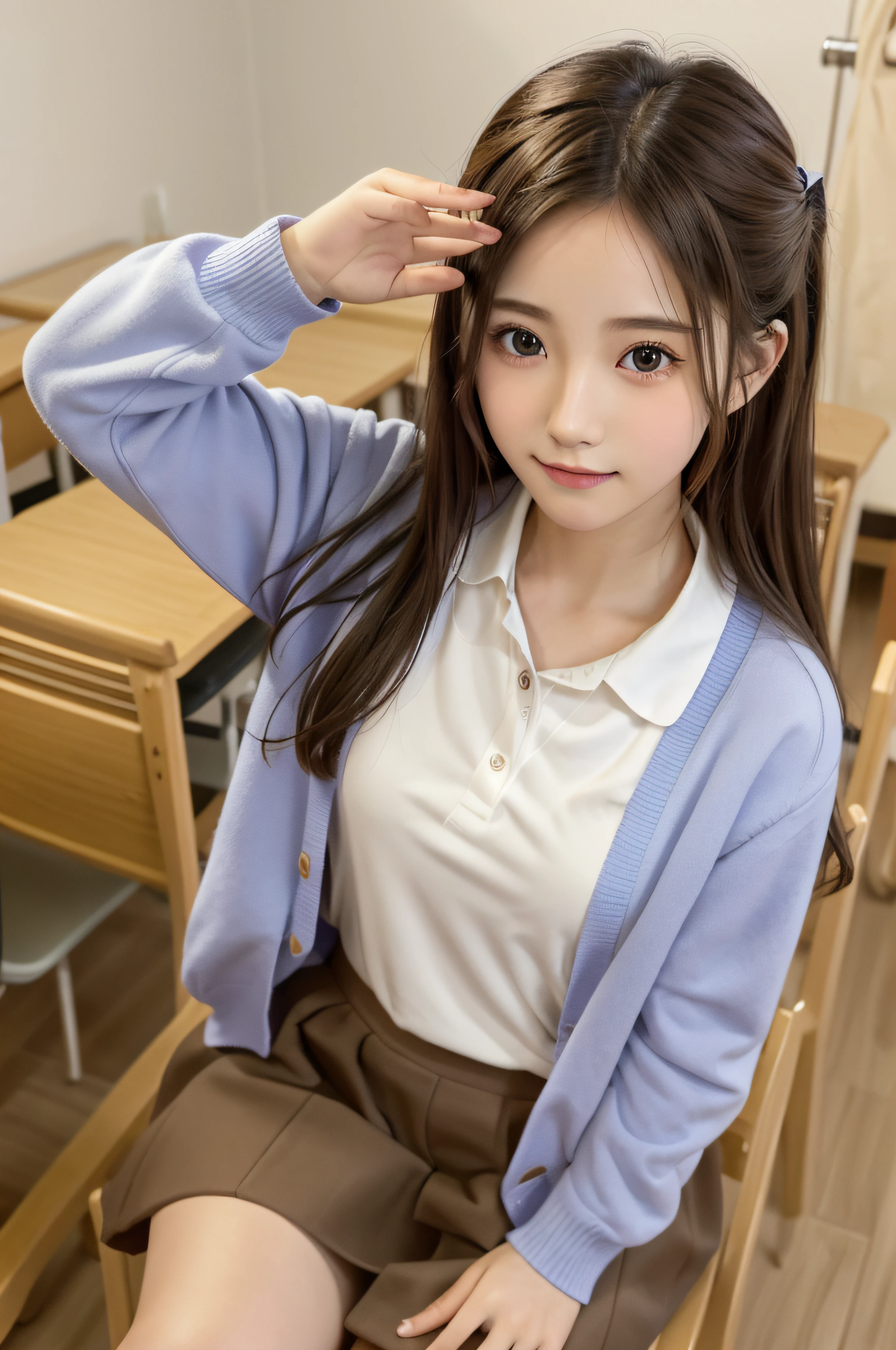 -yeld wo、soio、brown haired、beautidful eyes、real looking skin、A detailed eye、hi-school girl、(8K、​masterpiece)、(reallistic、Photorealsitic)、top-quality、ighly detailed、The ultra-detailliert、Beautie、cute little、chineseidol、a smile、Close-up portrait、Healthy face、schools、School uniform、Cardigan、plaid skirts