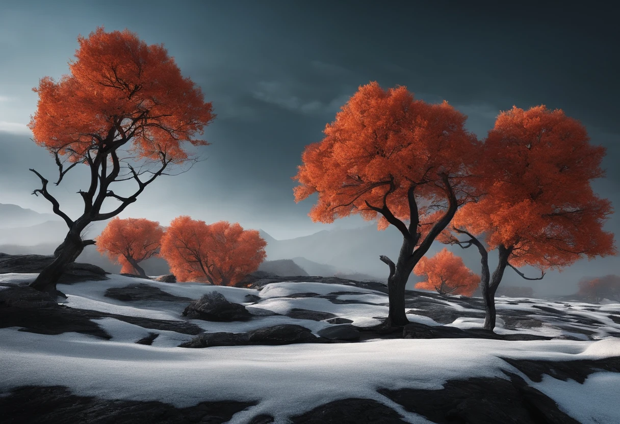 Black wilderness,White stone,Withered trees,A world without life,
