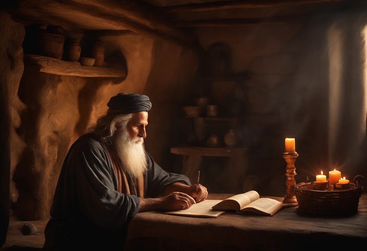 Develop an ultra-realistic image of an Old Testament prophet in a moment of reflection, Imagine him writing a scroll in a rustic setting