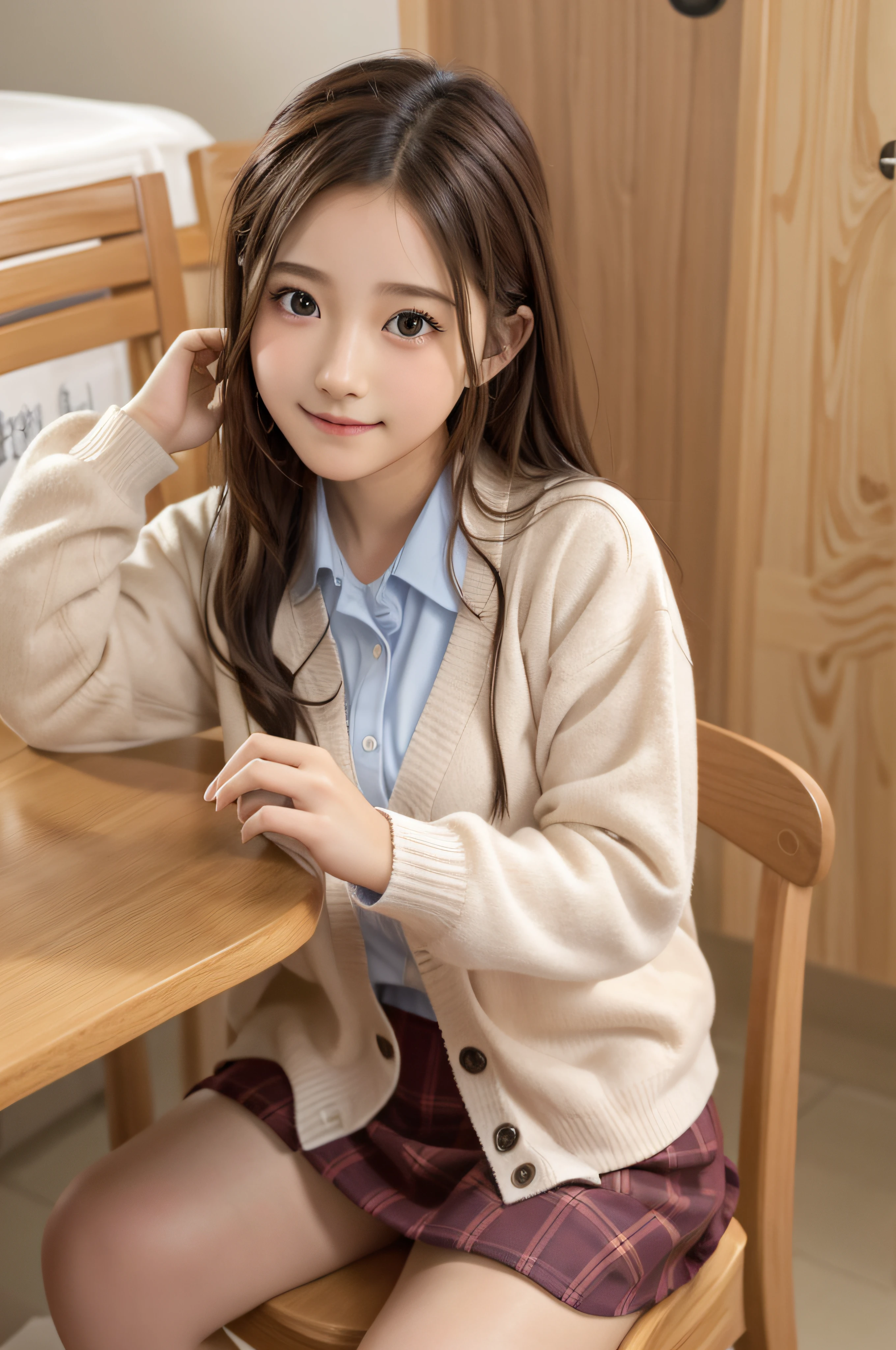 -yeld wo、soio、brown haired、beautidful eyes、real looking skin、A detailed eye、hi-school girl、(8K、masterpiece)、(reallistic、Photorealsitic)、top-quality、ighly detailed、The ultra-detailliert、Beautie、cute little、chineseidol、a smile、Close-up portrait、Healthy face、schools、School uniform、Cardigan、plaid skirts