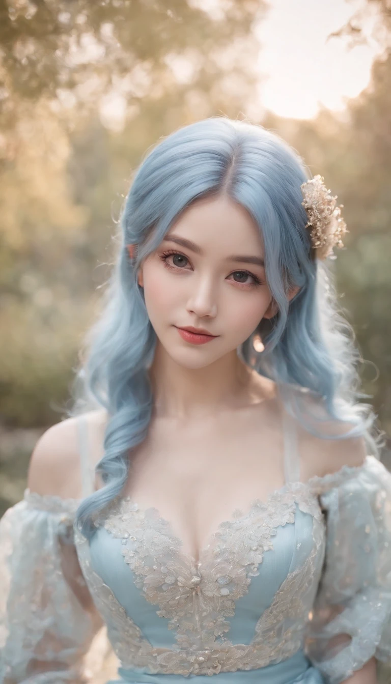 Light blue hair color、glowing brown eyes、Longhaire、Shoulder-length hairstyle、Smaller face、a small nose、big eye、small ears、tiny chest、pale pink cheeks、Girl in her 20s、A smile、Disneyland Background、A little grumpy face、Wearing a dress、Halloween Party、Cosplay、