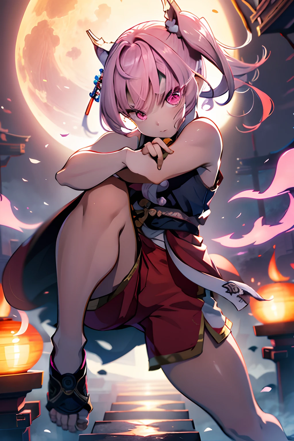 fullmoon、🌕、A pink-haired、poneyTail、chinese clothes、Sleeveless、shortpants、Blunt bangs、Short ponytail、Side Up、Photorealsitic, hight resolution, 1 rapariga, Korea person, Eye of Fire、Kungfu