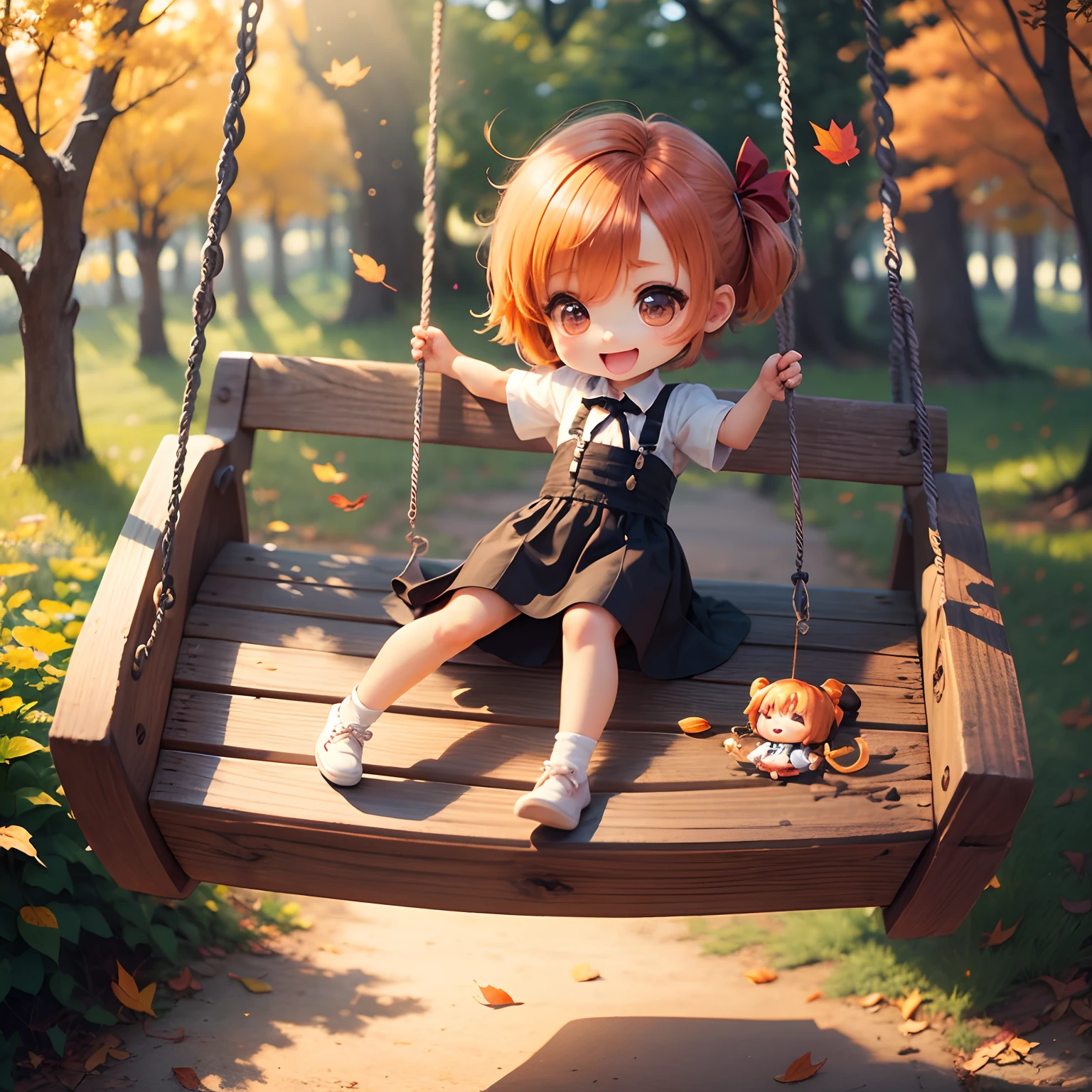 masterpiece、top-quality、(Chibi Chara:1.3)、Sit on the swing、(buranko:1.1)Open your mouth and smile、Dynamism、autumn forest、optic