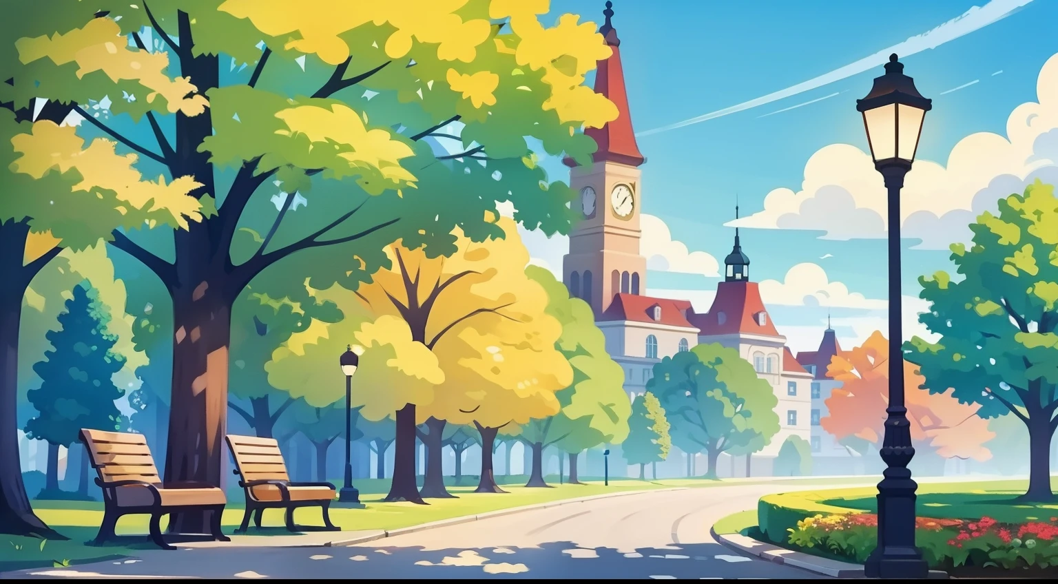 Beautiful park landscape painting、Natural Color、hightquality、masutepiece、Benches、street lamp