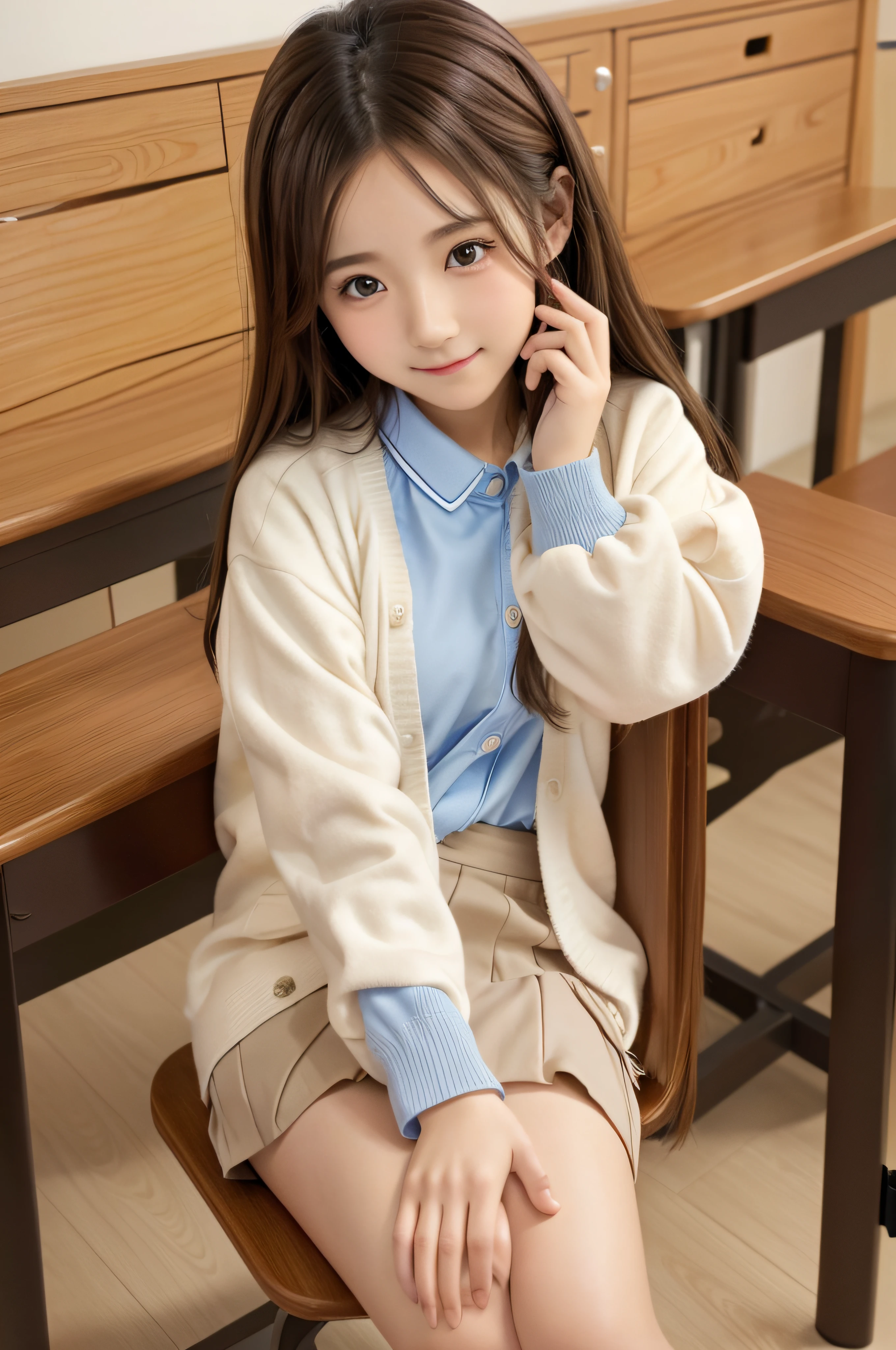 -yeld wo、soio、brown haired、beautidful eyes、real looking skin、A detailed eye、hi-school girl、(8K、masterpiece)、(reallistic、Photorealsitic)、top-quality、ighly detailed、The ultra-detailliert、Beautie、cute little、chineseidol、a smile、Close-up portrait、Healthy face、schools、School uniform、Cardigan、plaid skirts
